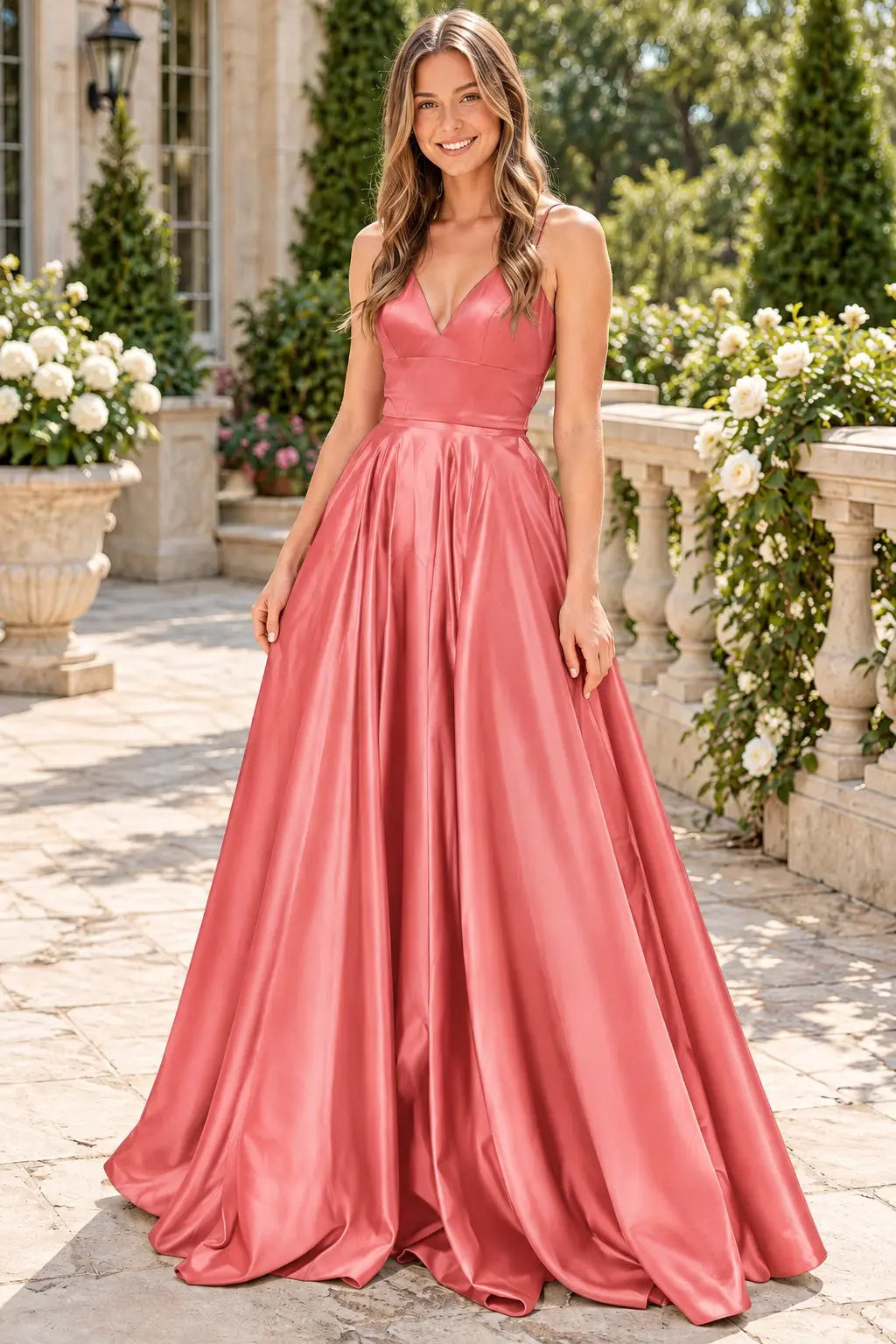 Satin Green Simple Prom Dresses Princess Long V Neck Formal Evening Gowns