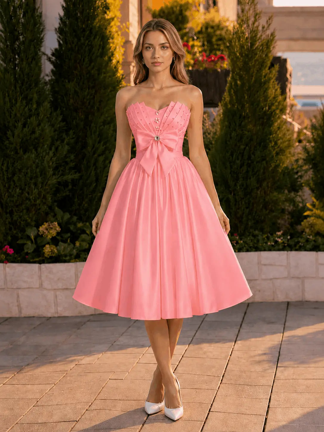 A-line Sweetheart Sleeveless Knee-Length Satin Homecoming Dress with Bow KAIDRESS