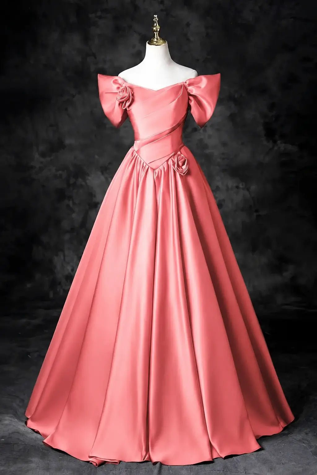 A-Line/Princess Satin Floor Length Formal Prom Dress, Off the Shoulder Prom Gown KAIDRESS