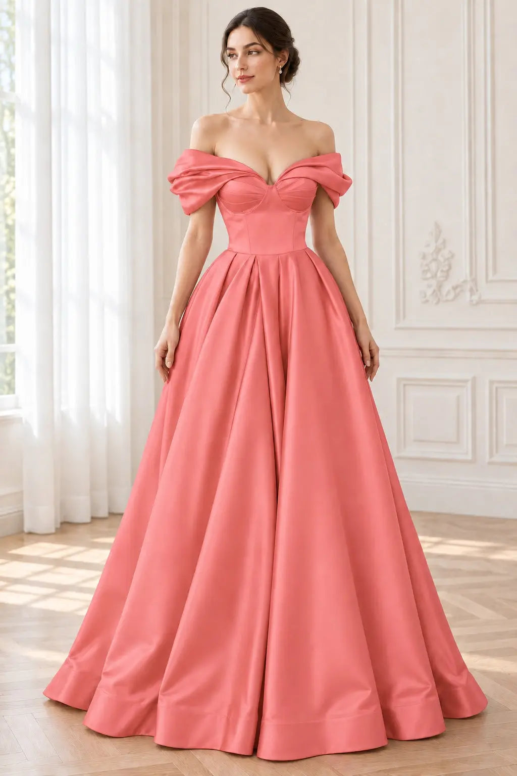 A-line Off-the-Shoulder Short Sleeve Satin Long/Floor-Length Prom Dresses With Ruffles Split