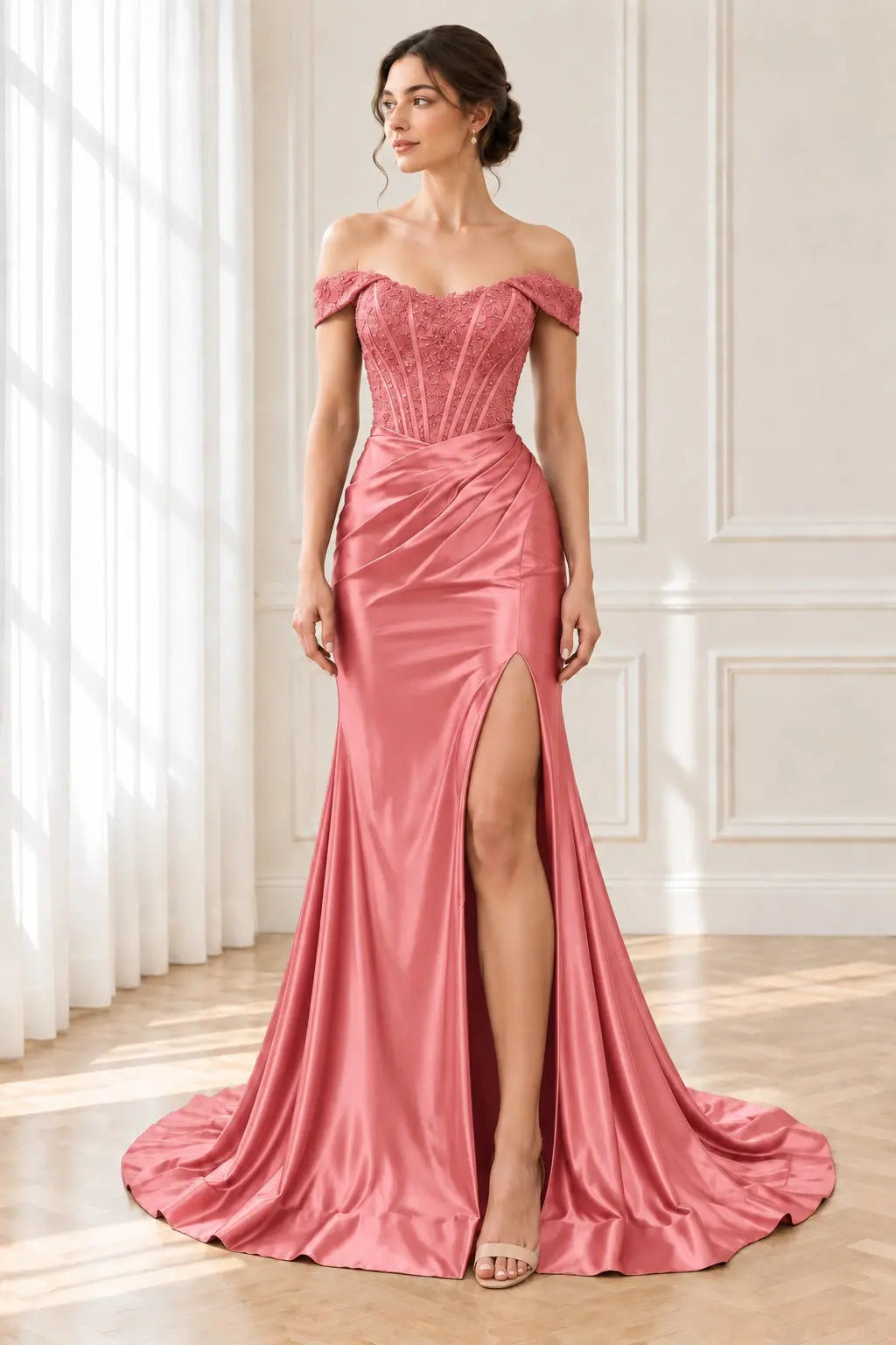 Trumpet/Mermaid Satin Ruched Off-the-Shoulder Prom Dresses Sleeveless Long Green Evening Gowns