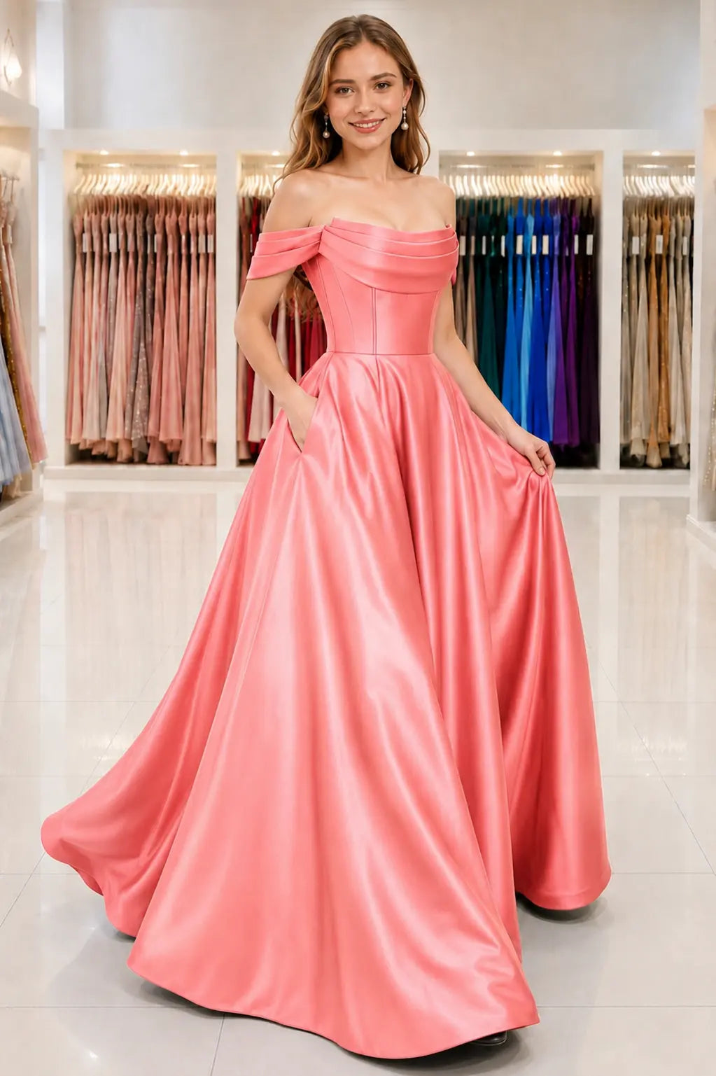 A-Line Satin Long Prom Dress, Simple Off the Shoulder Evening Party Dress With Pockets KAIDRESS