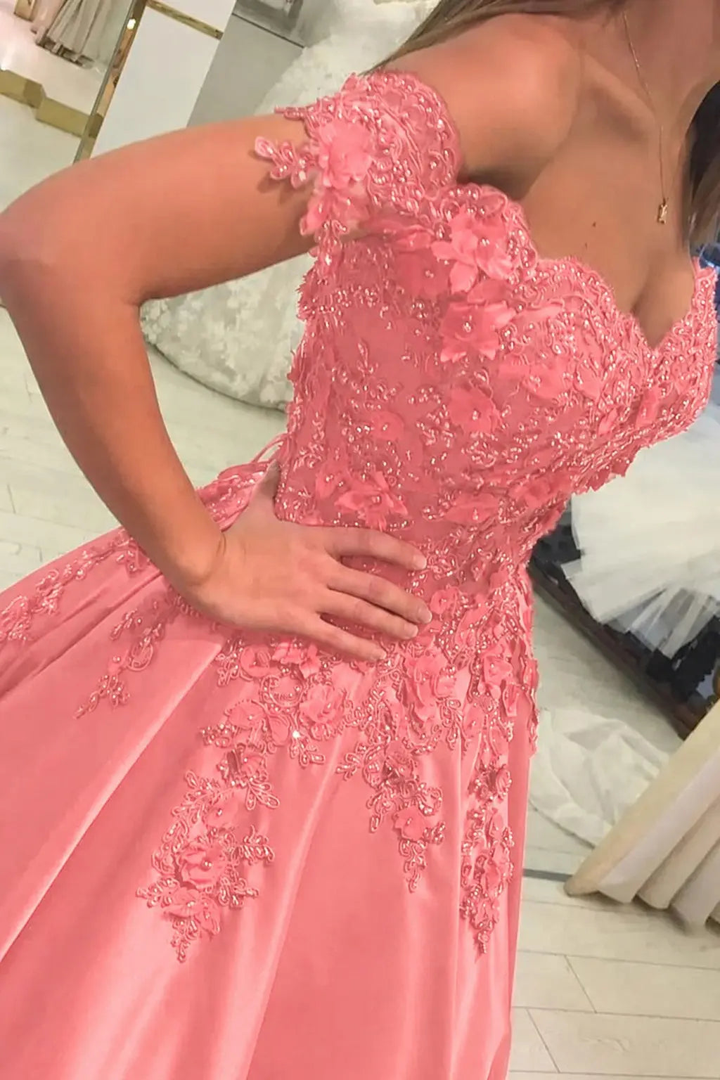 Appliqued Off-The-Shoulder Satin Princess Prom Dress With Beads
