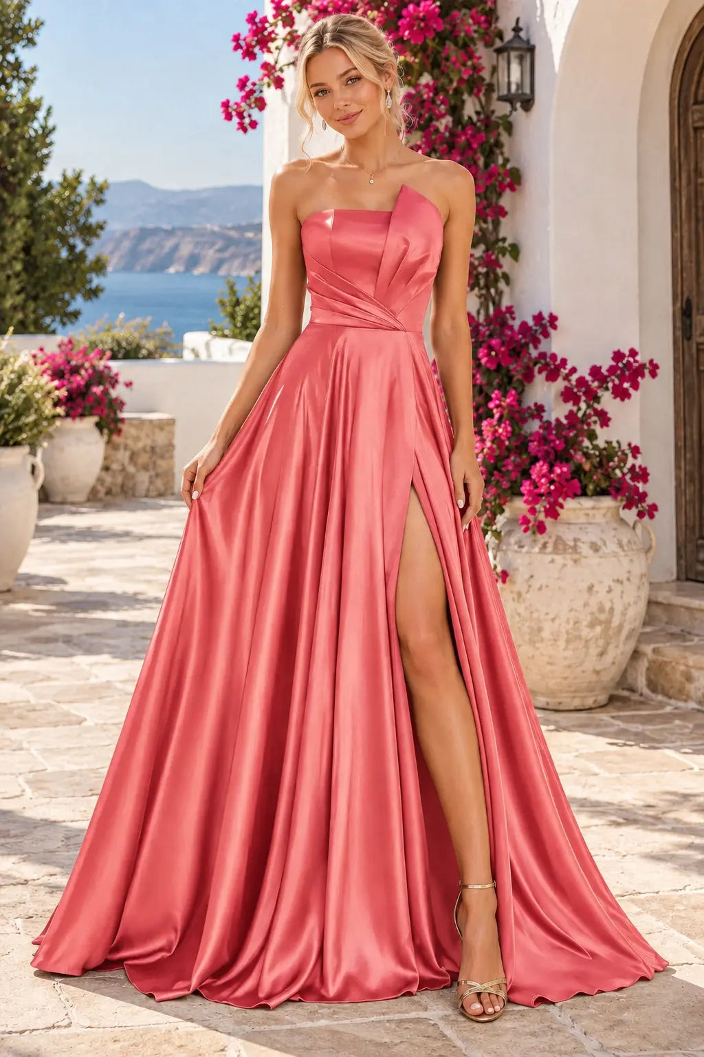 A-line Satin Formal Long Simple Sleeveless Prom Dresses with Slit