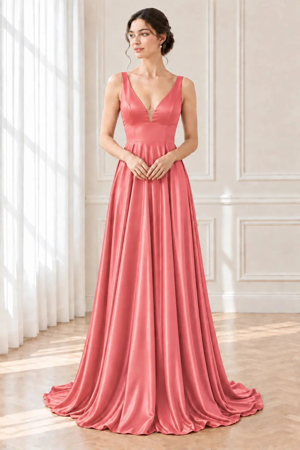 A-line/Princess V Neck Sleeveless Sweep Train Charmeuse Prom Dresses