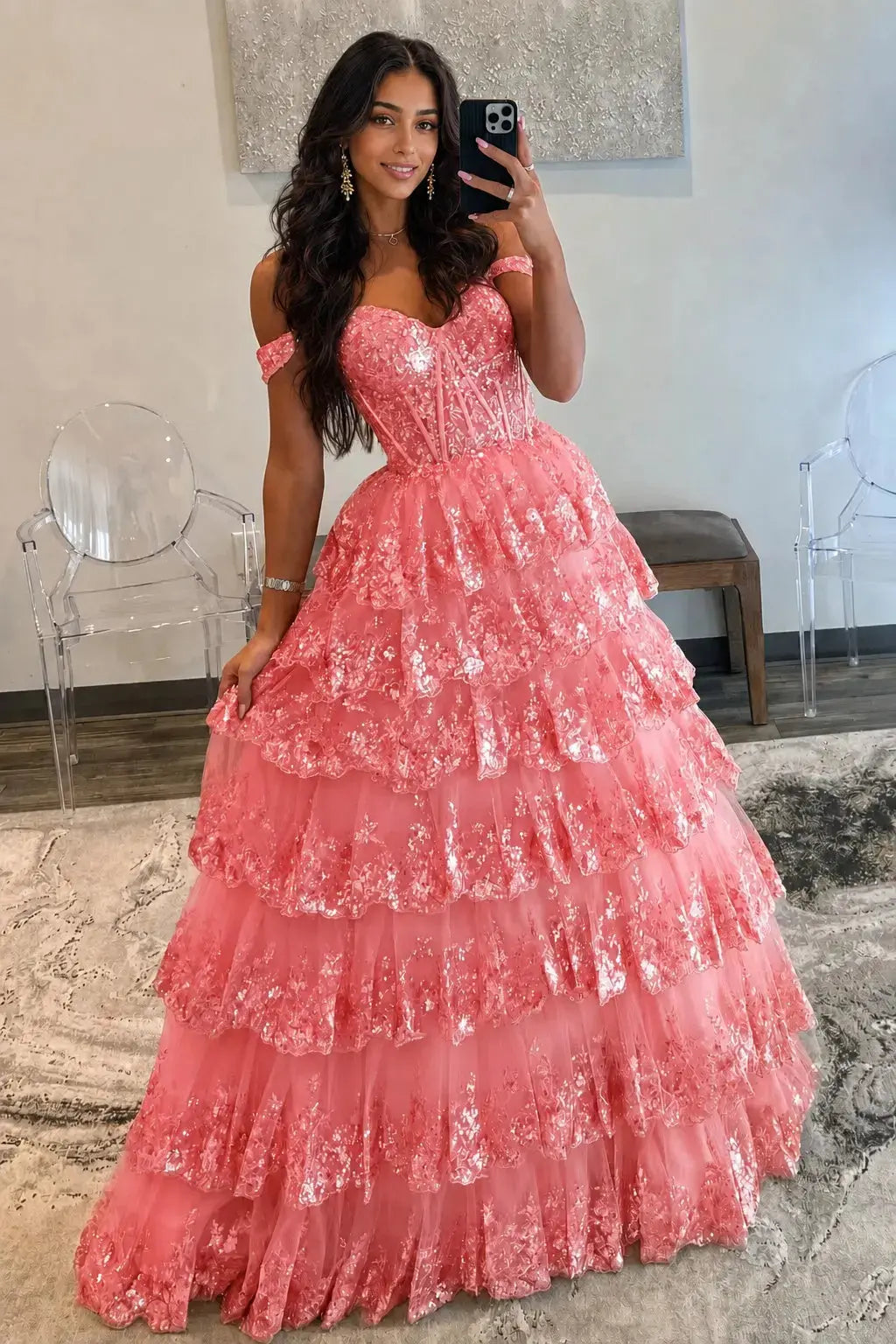 A-Line/Princess Princess Off the Shoulder Sequined Lace Prom Dress KAIDRESS