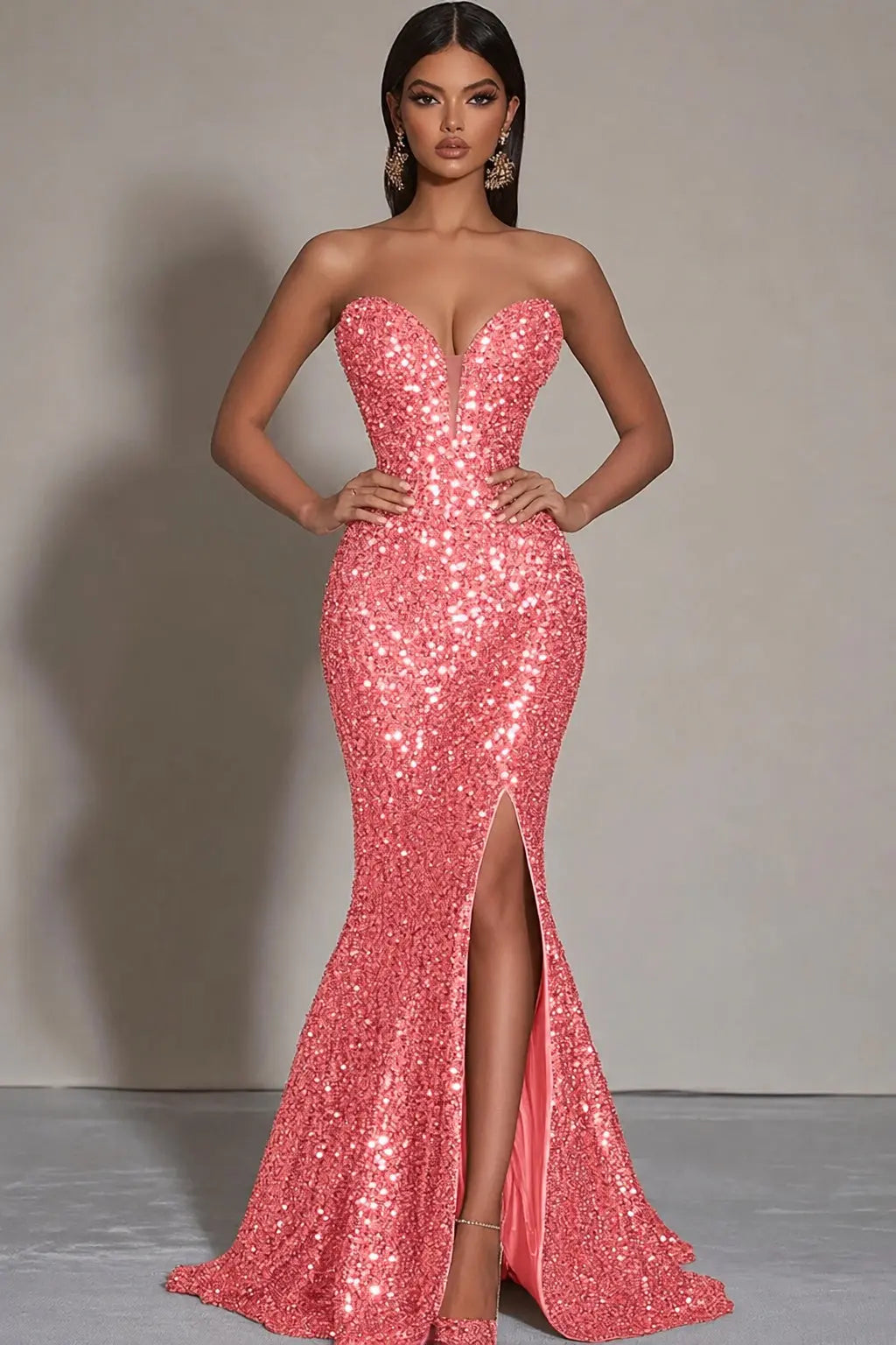 Sparkly Gold Sequins Mermaid Strapless Long Formal Dress with Slit Kaidress
