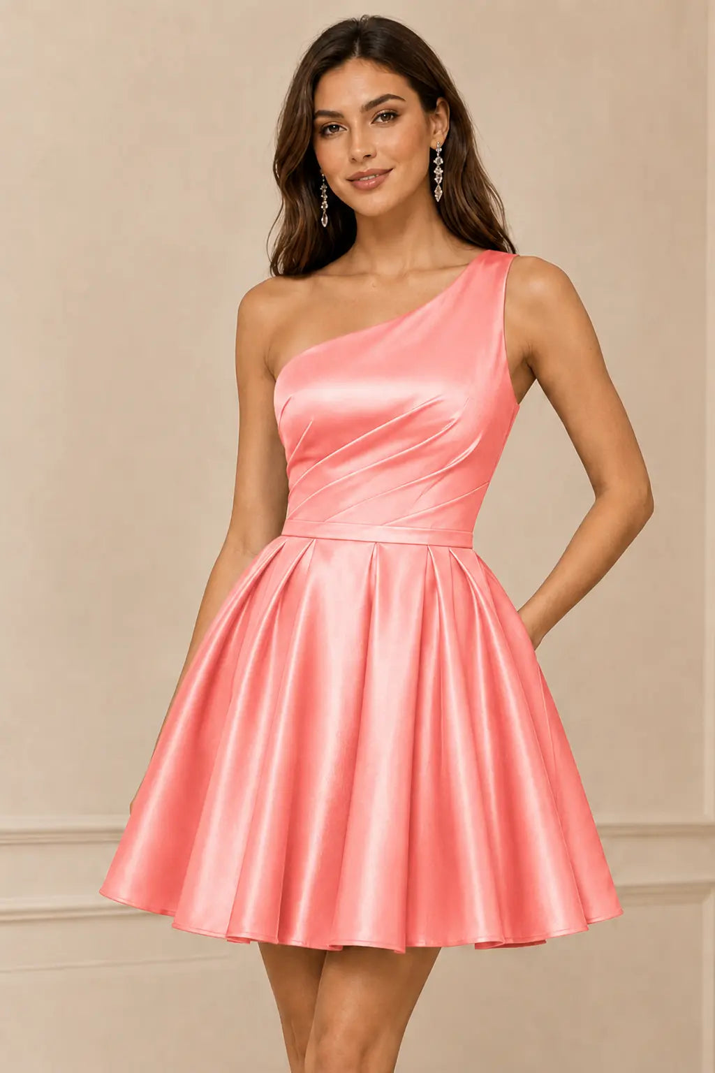 Green One Shoulder Satin Mini A Line Homecoming Dress With Pockets KAIDRESS