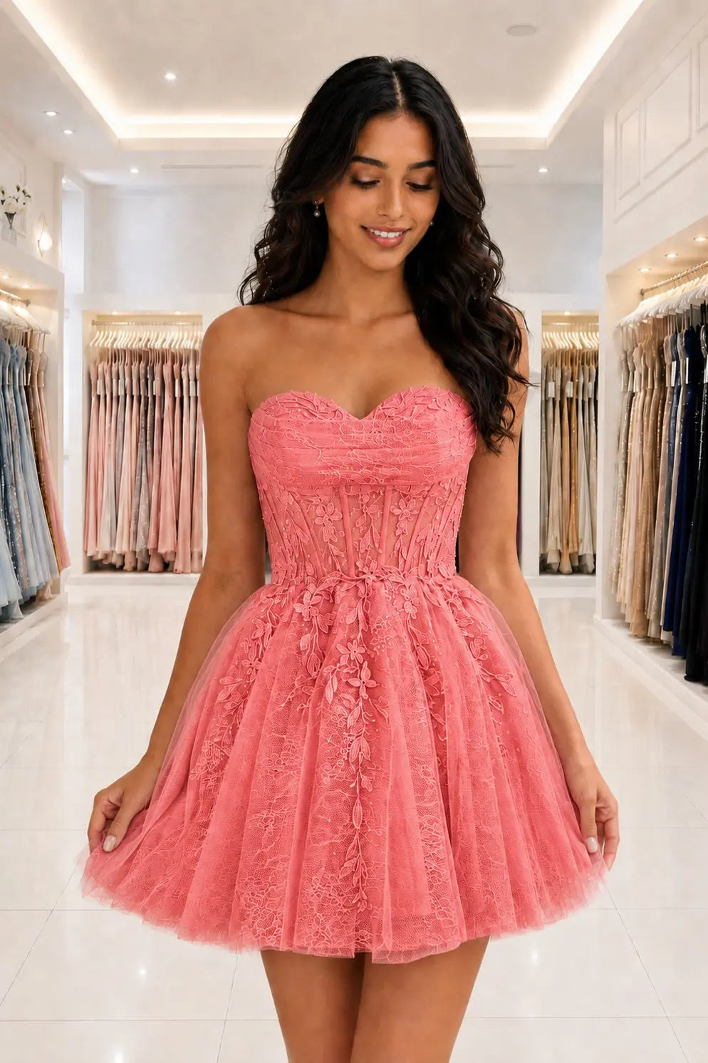 Strapless Beaded Lace Corset A-Line Mini Homecoming Dress KAIDRESS