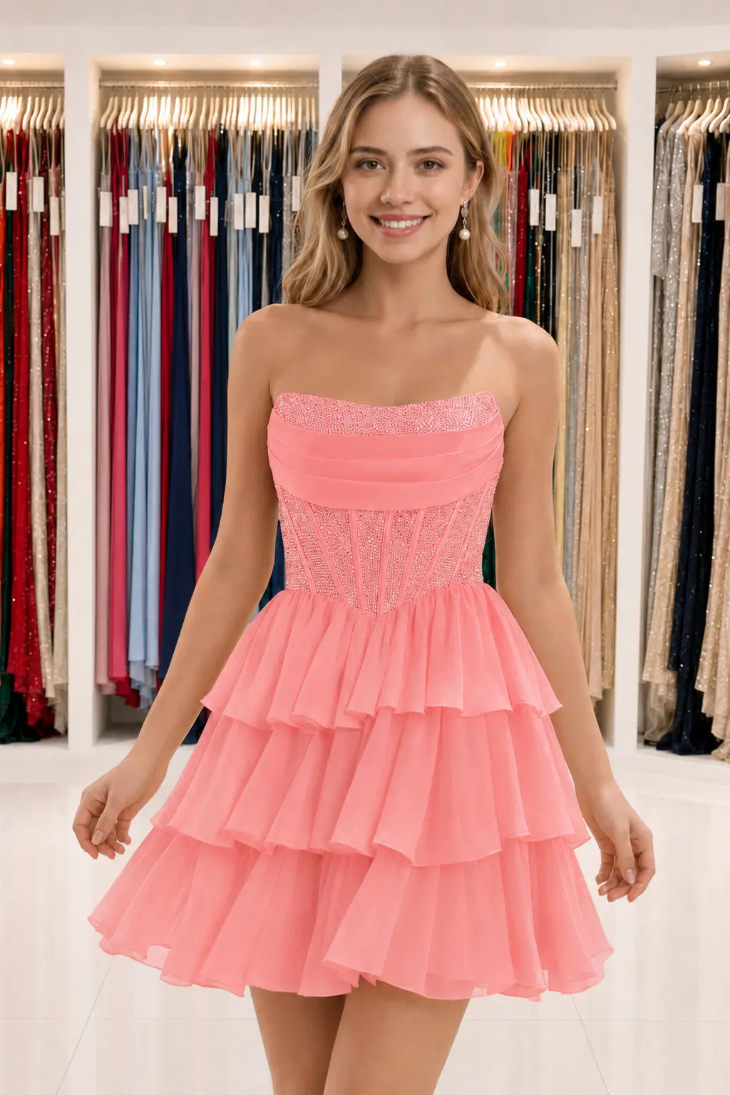 Daffodil Strapless Corset Tiered Ruffle Mini Homecoming Dress With Beading KAIDRESS