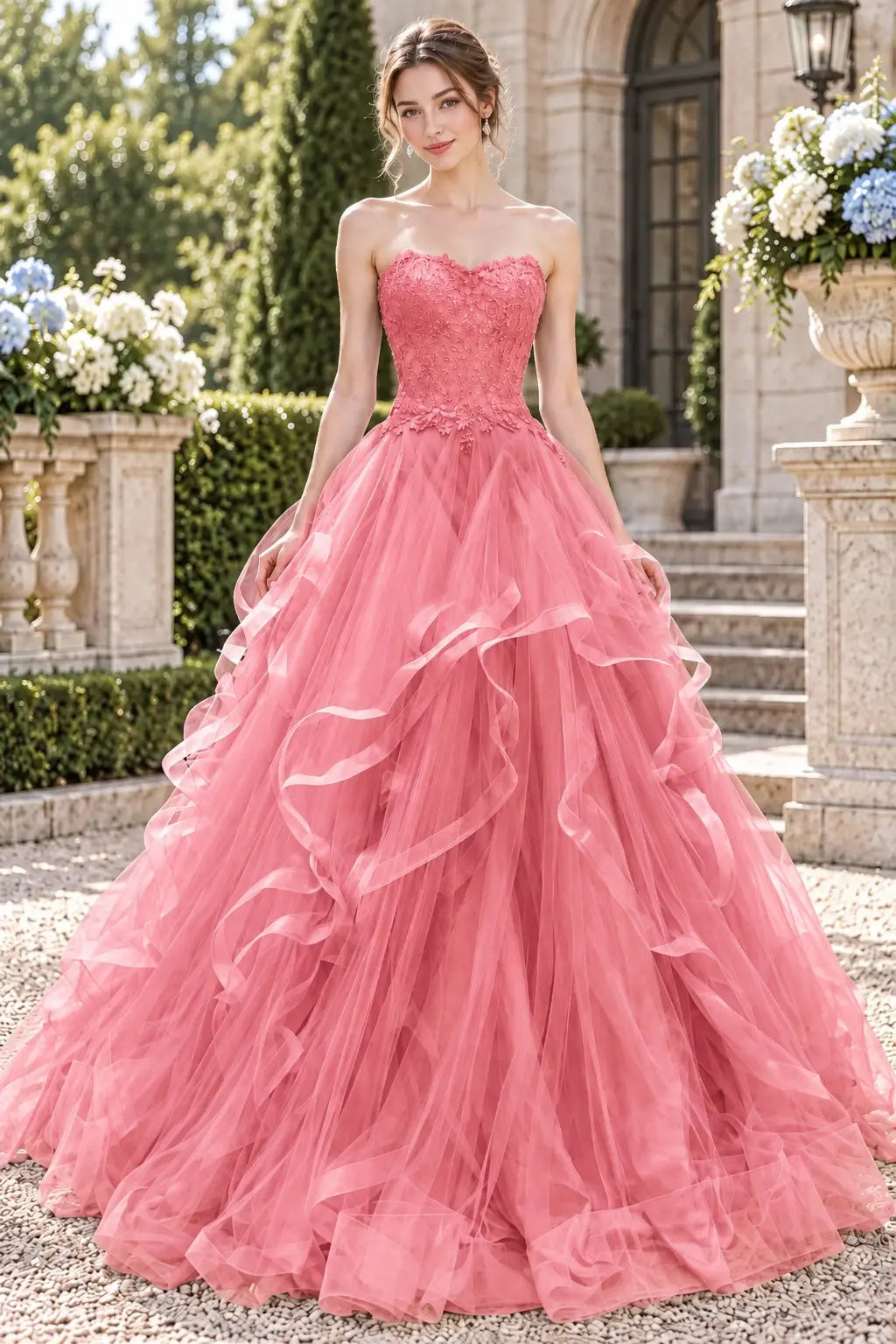 Blue Tulle Lace Long Prom Dresses Princess Layered Formal Evening Gowns