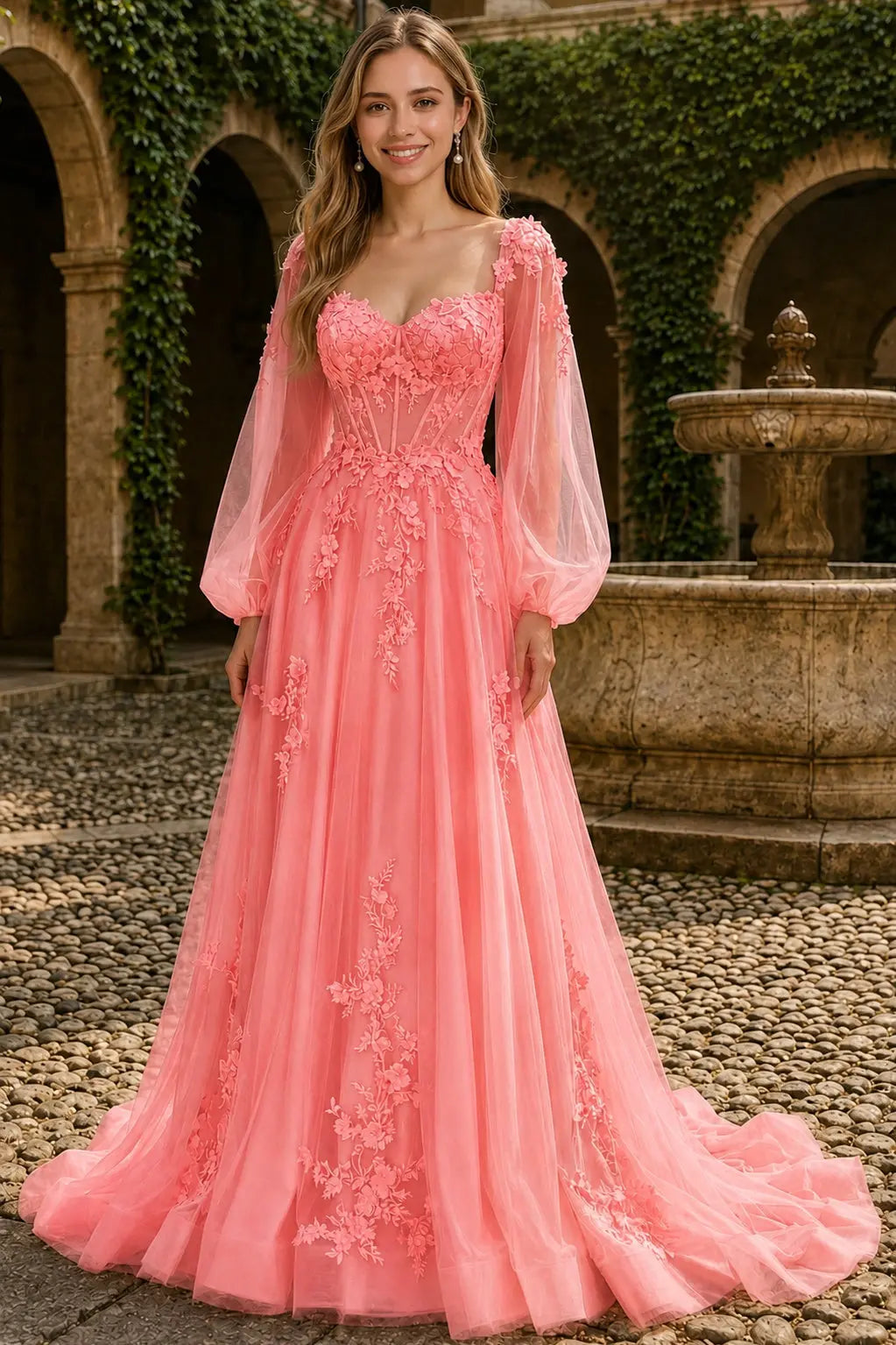 A-line 3D Floral Lace Applique Tulle Long Sleeves Prom Dress