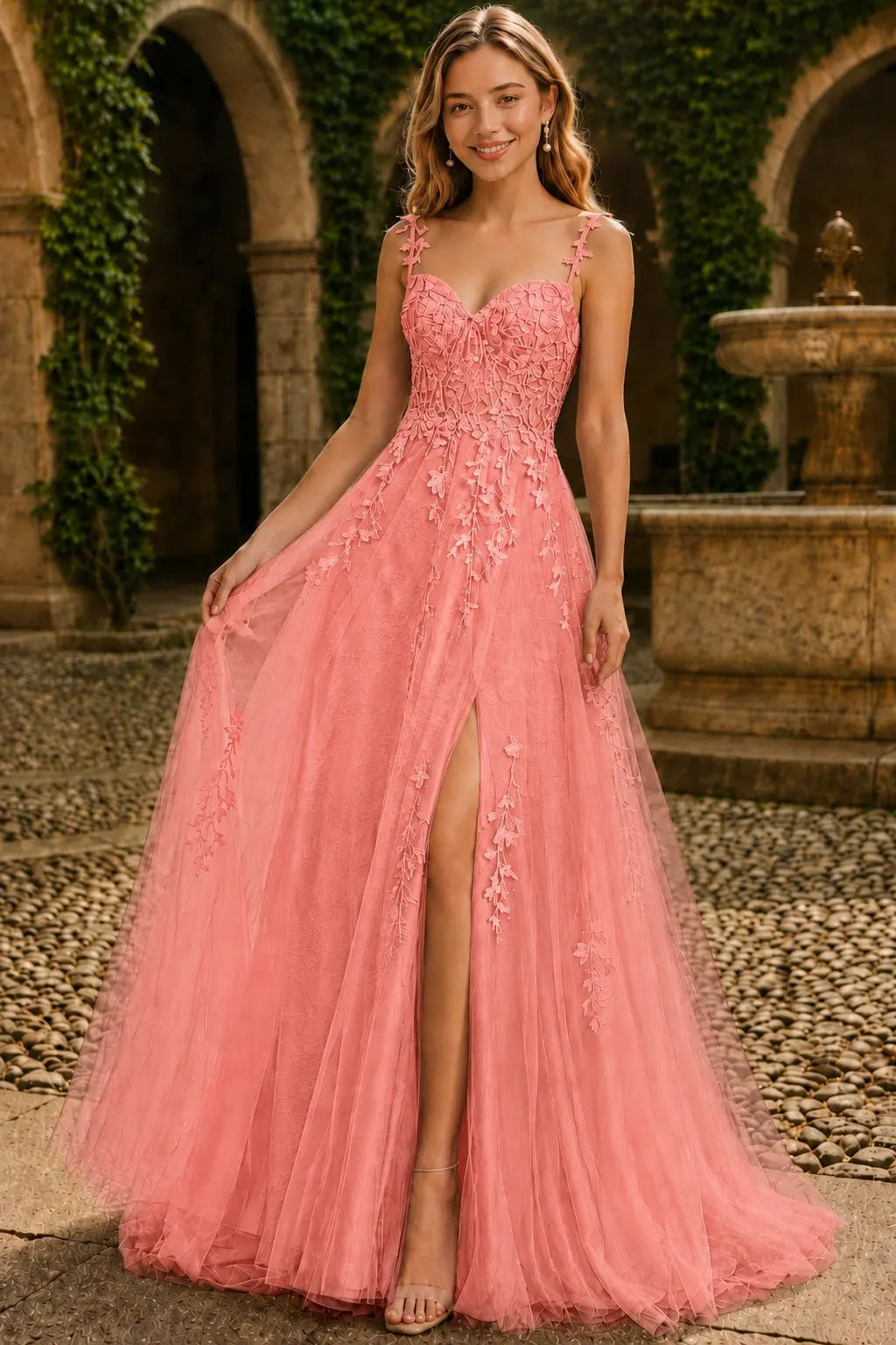 A-line V Neck Sweep Spaghetti Straps Train Tulle Prom Dress with Appliqued Beading