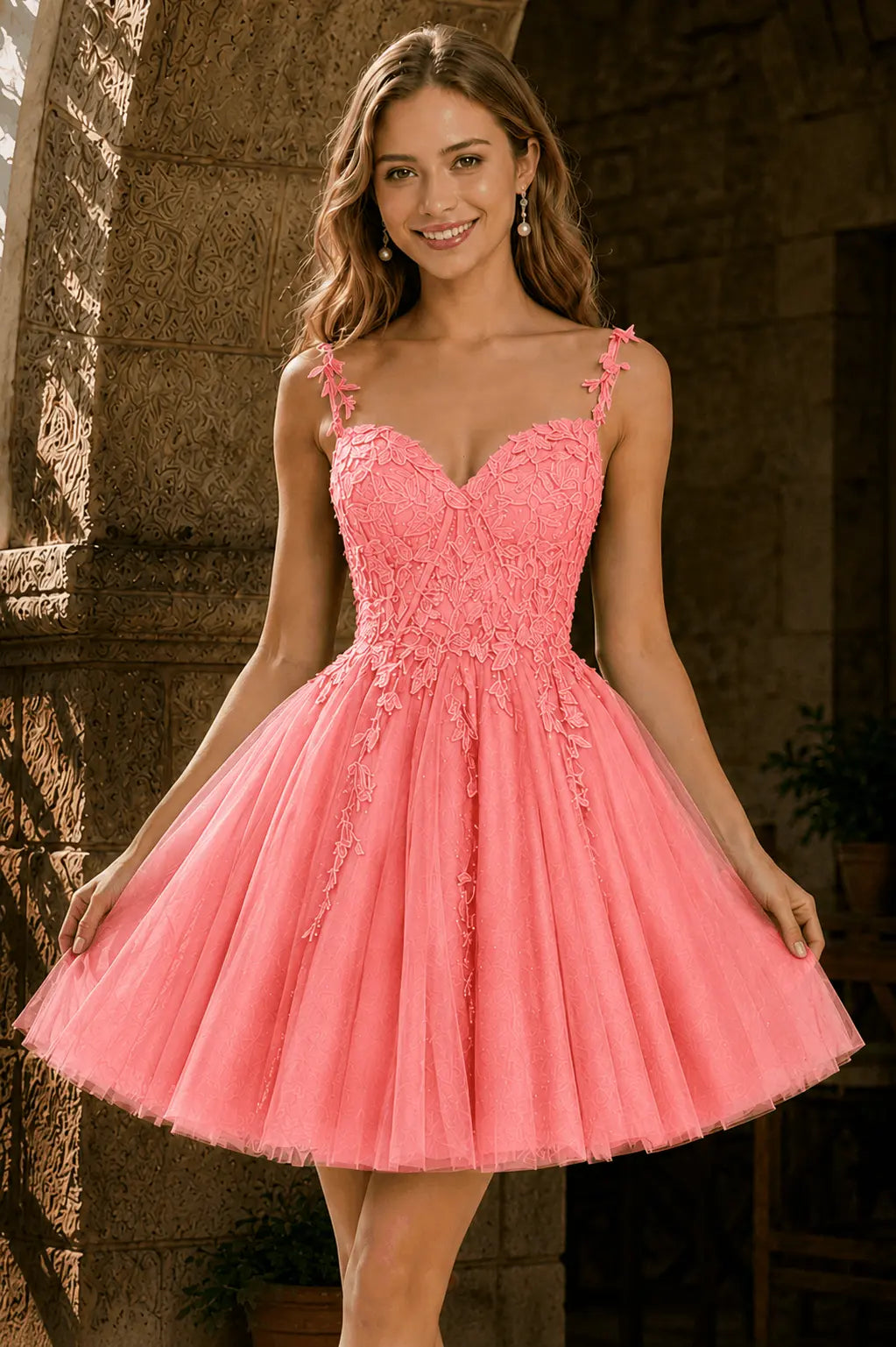 A-line V Neck Short/Mini Tulle Lace Homecoming Dress