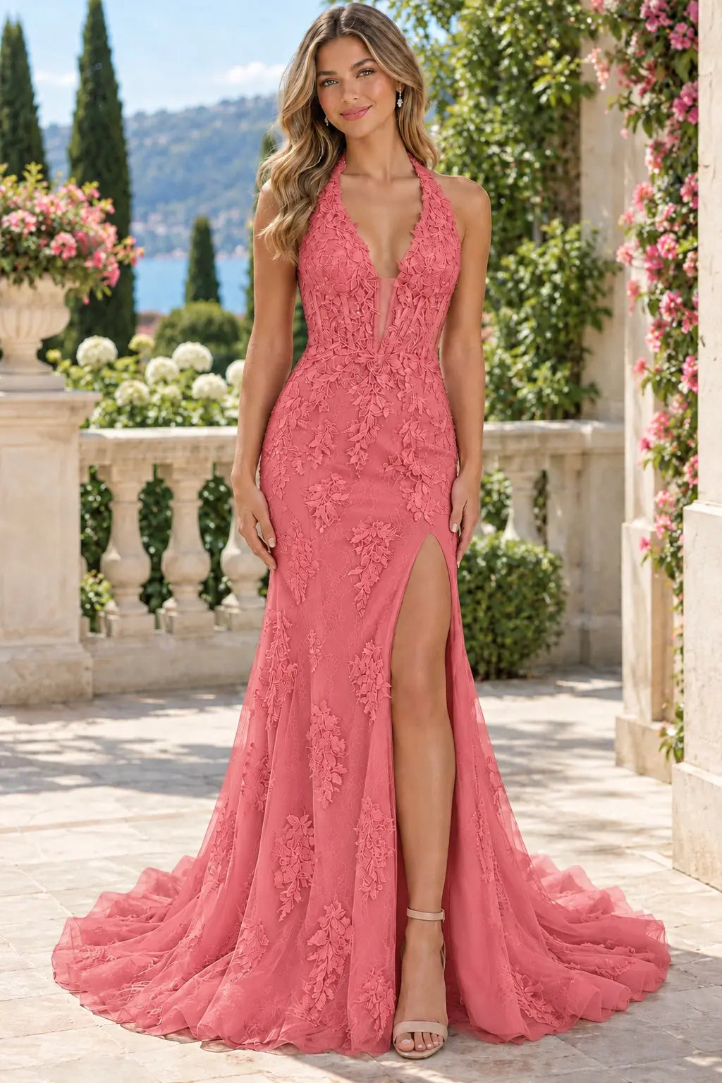 Trumpet/Mermaid V-Neck Tulle Lace Sleeveless Long Prom Dress