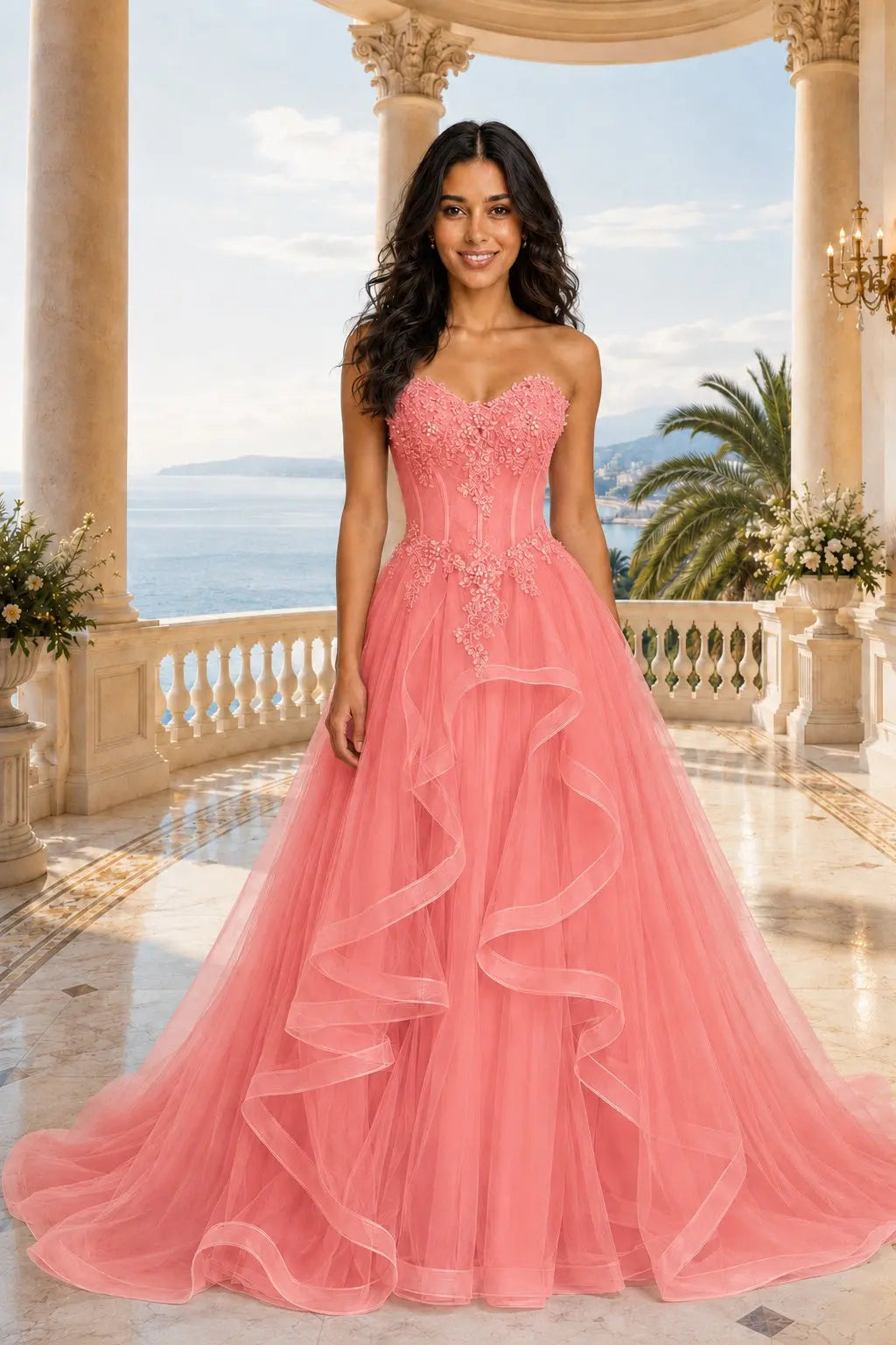 A-line/Princess Sweetheart Sleeveless Sweep Train Tulle Prom Dresses With Beading Appliqued KAIDRESS