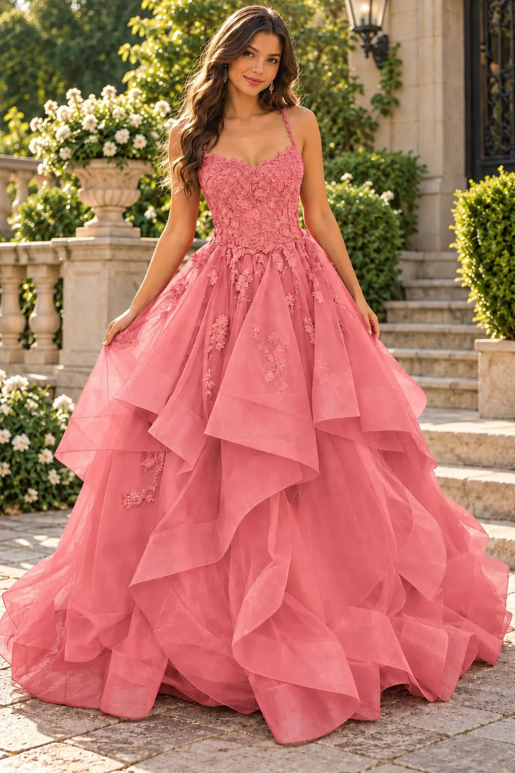 A-line Princess V Neck Floor-Length Tulle Prom Dresses with Appliqued