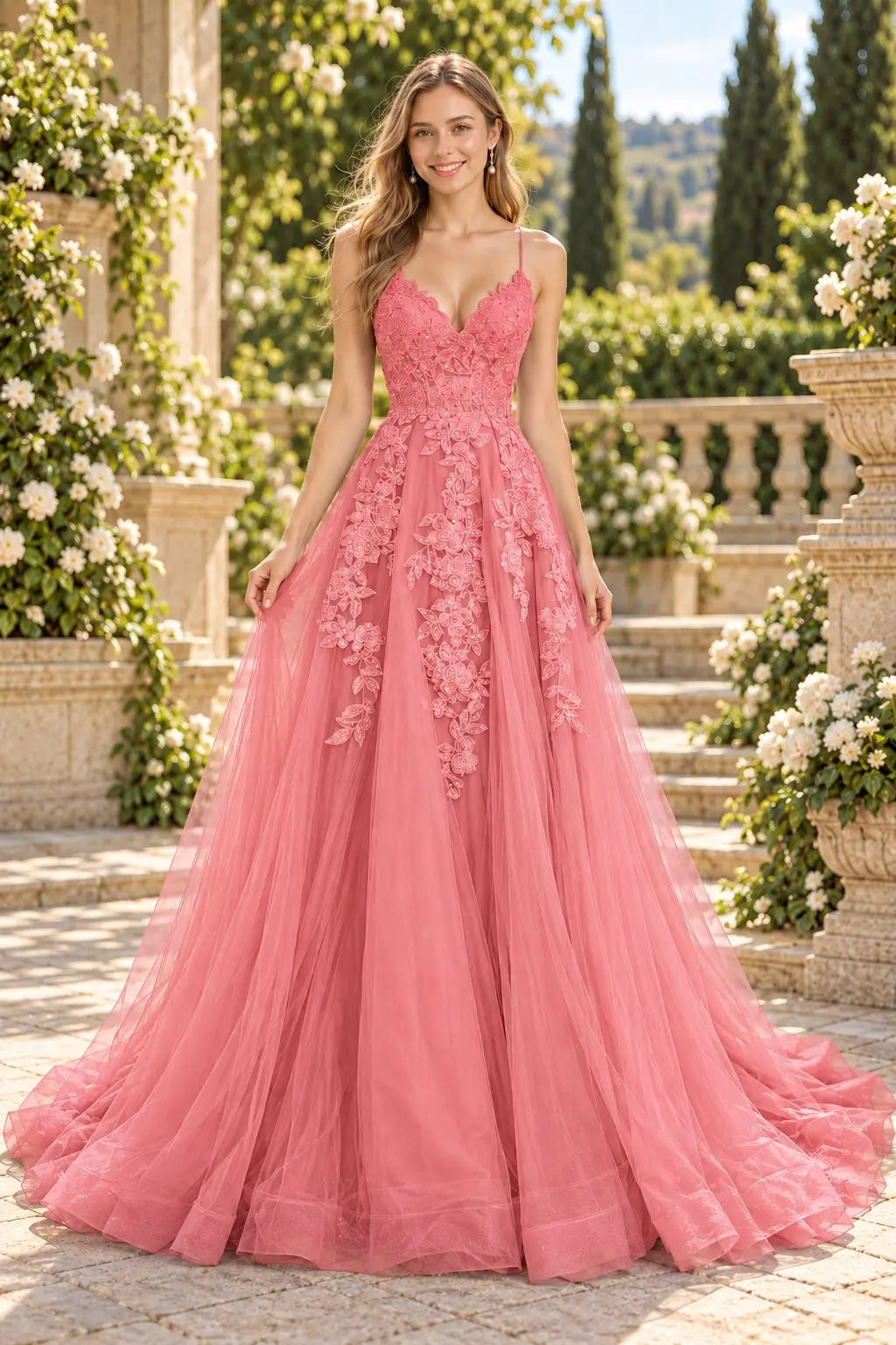 A-line V Neck Spaghetti Straps Sweep Train Tulle Prom Dress With Appliqued