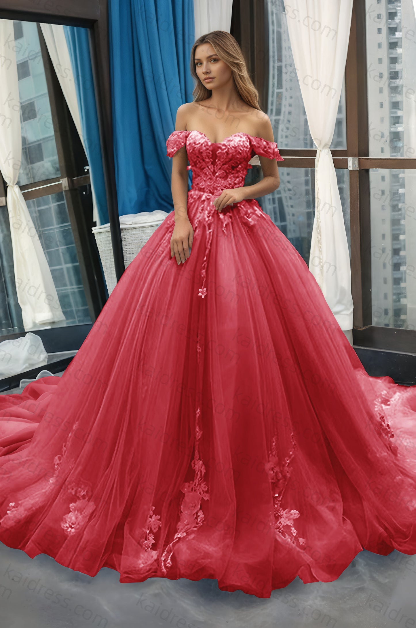 A-Line Off the Shoulder Tulle Applique Long Quinceañera Dresses Blue Formal Prom Dress