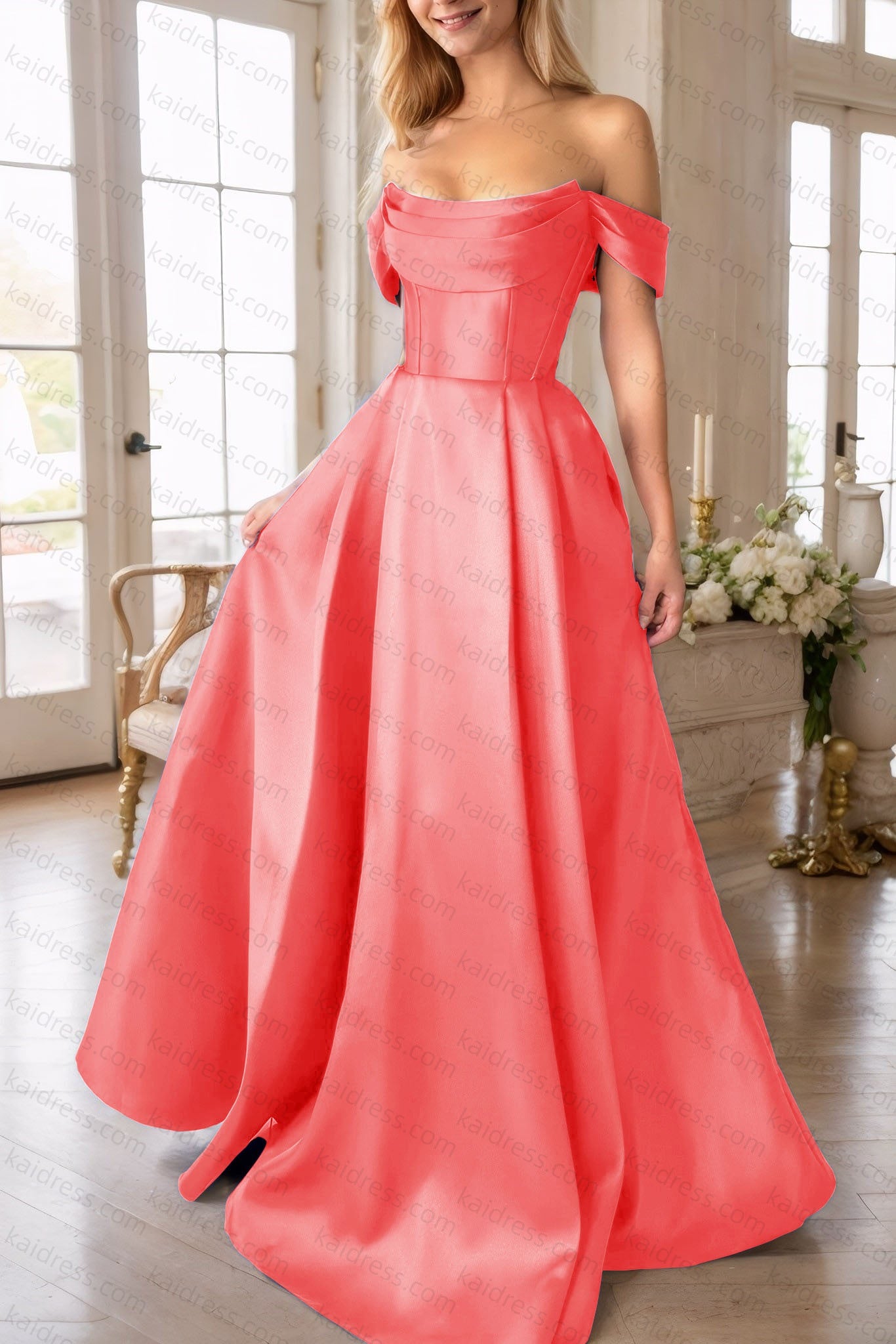 A-Line Satin Long Prom Dress, Simple Off the Shoulder Evening Party Dress With Pockets