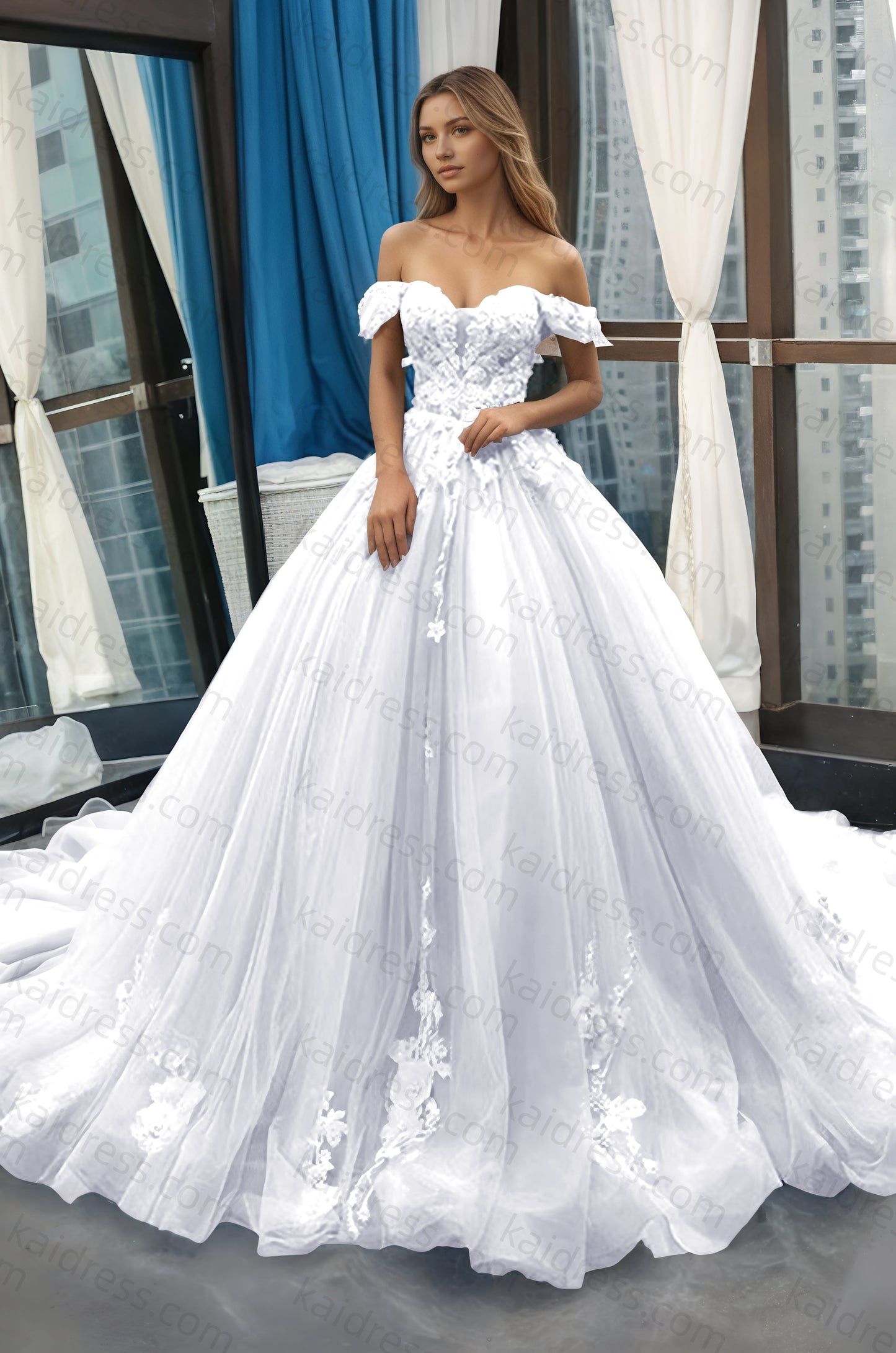 A-Line Off the Shoulder Tulle Applique Long Quinceañera Dresses Blue Formal Prom Dress