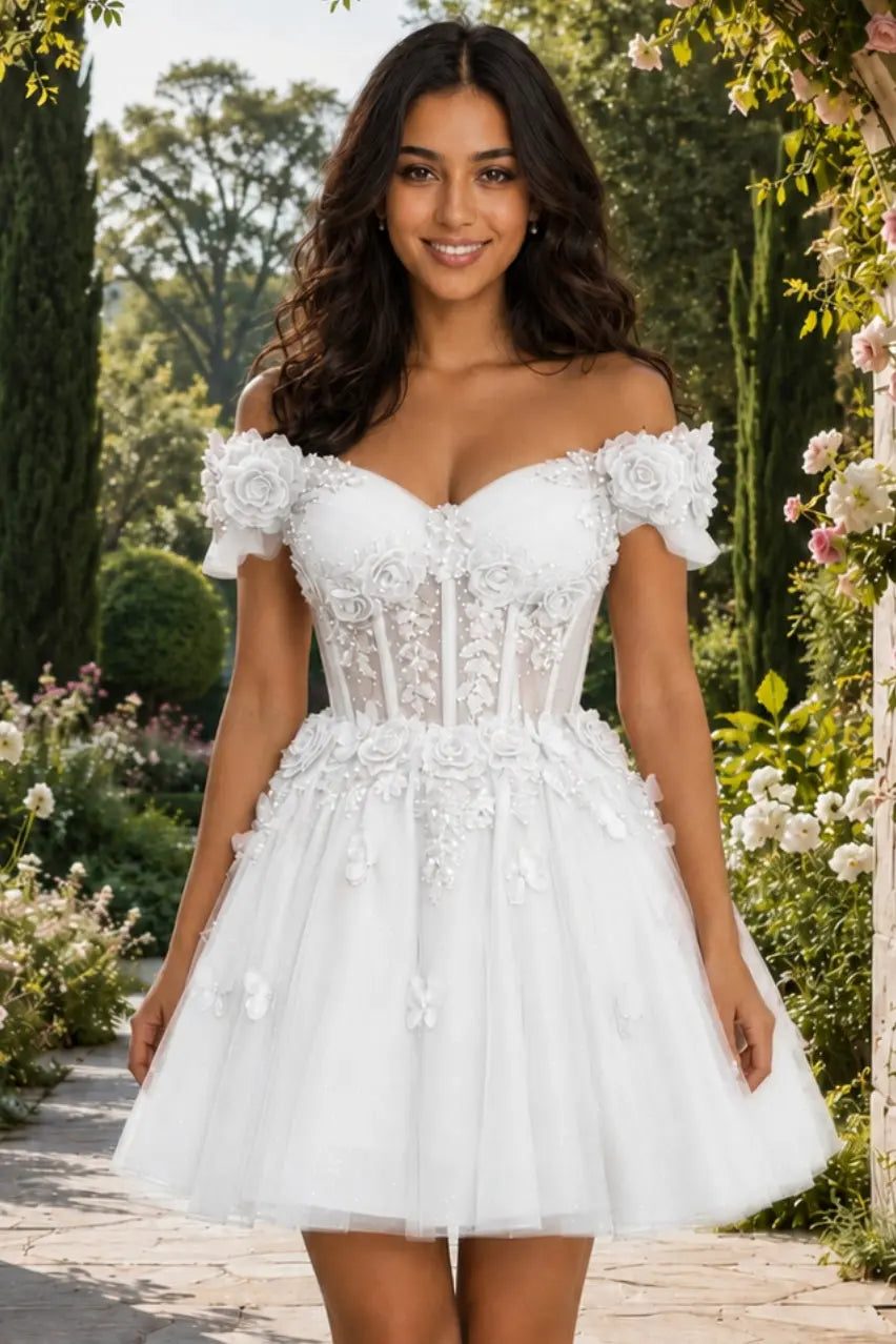 A-line Off-the-Shoulder Tulle Short/Mini Homecoming Dress with Appliqued Flowers Sequins KAIDRESS