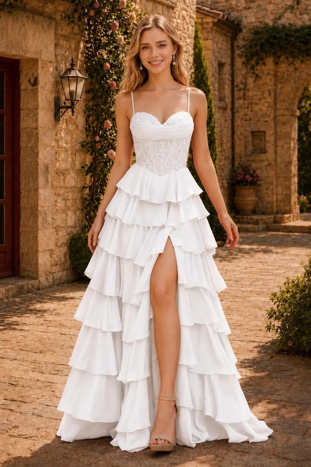 Spaghetti Straps Sweetheart Embellished Corset Chiffon Slit Ruffle Prom Dress with Detachable Straps