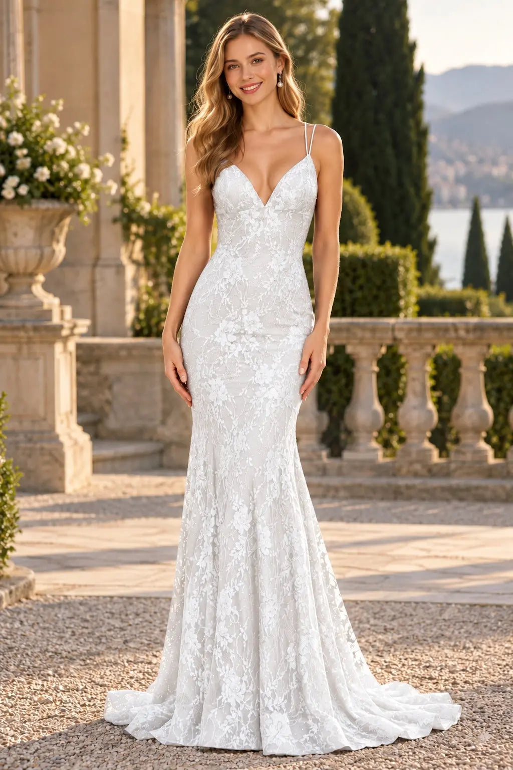Mermaid V-neck Backless Sleeveless Lace Red Formal Prom Dresses Long Slit Evening Gowns