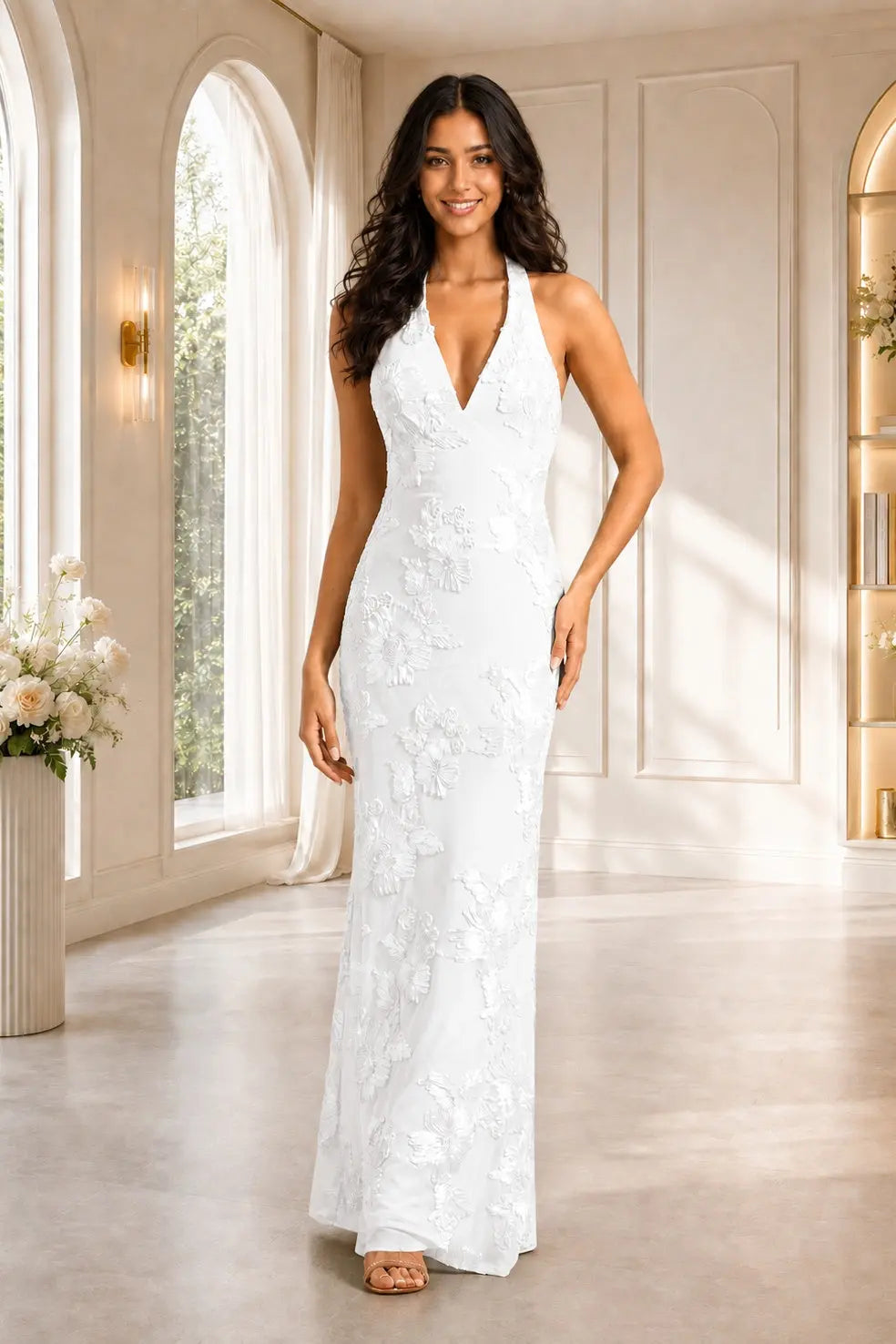 Sage Green Halter Floral Lace Sheath Floor-Length Prom Evening Gown KAIDRESS