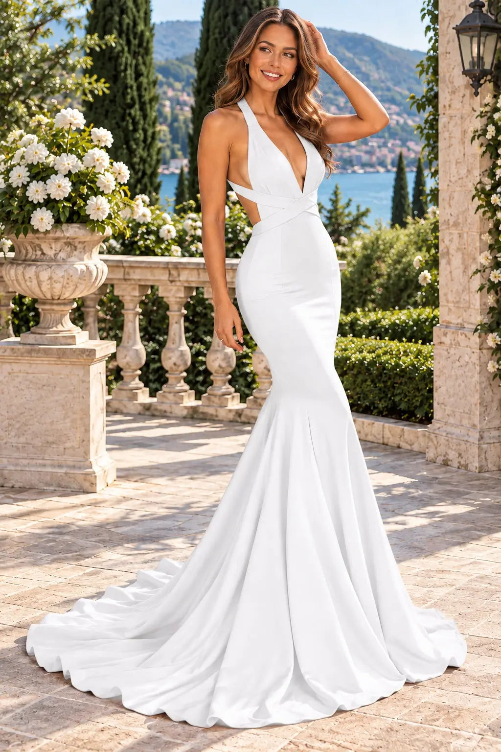 Trumpet/Mermaid Jersey Sleeveless Court Train Prom Dresses Long V Neck Backless Red Prom Gown