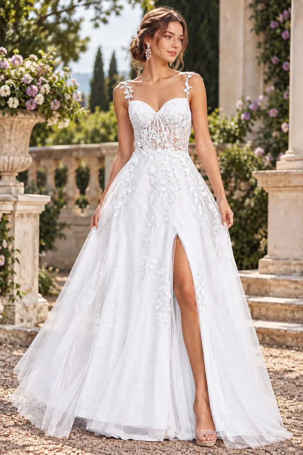 A-line V Neck Sweep Spaghetti Straps Train Tulle Prom Dress with Appliqued Beading