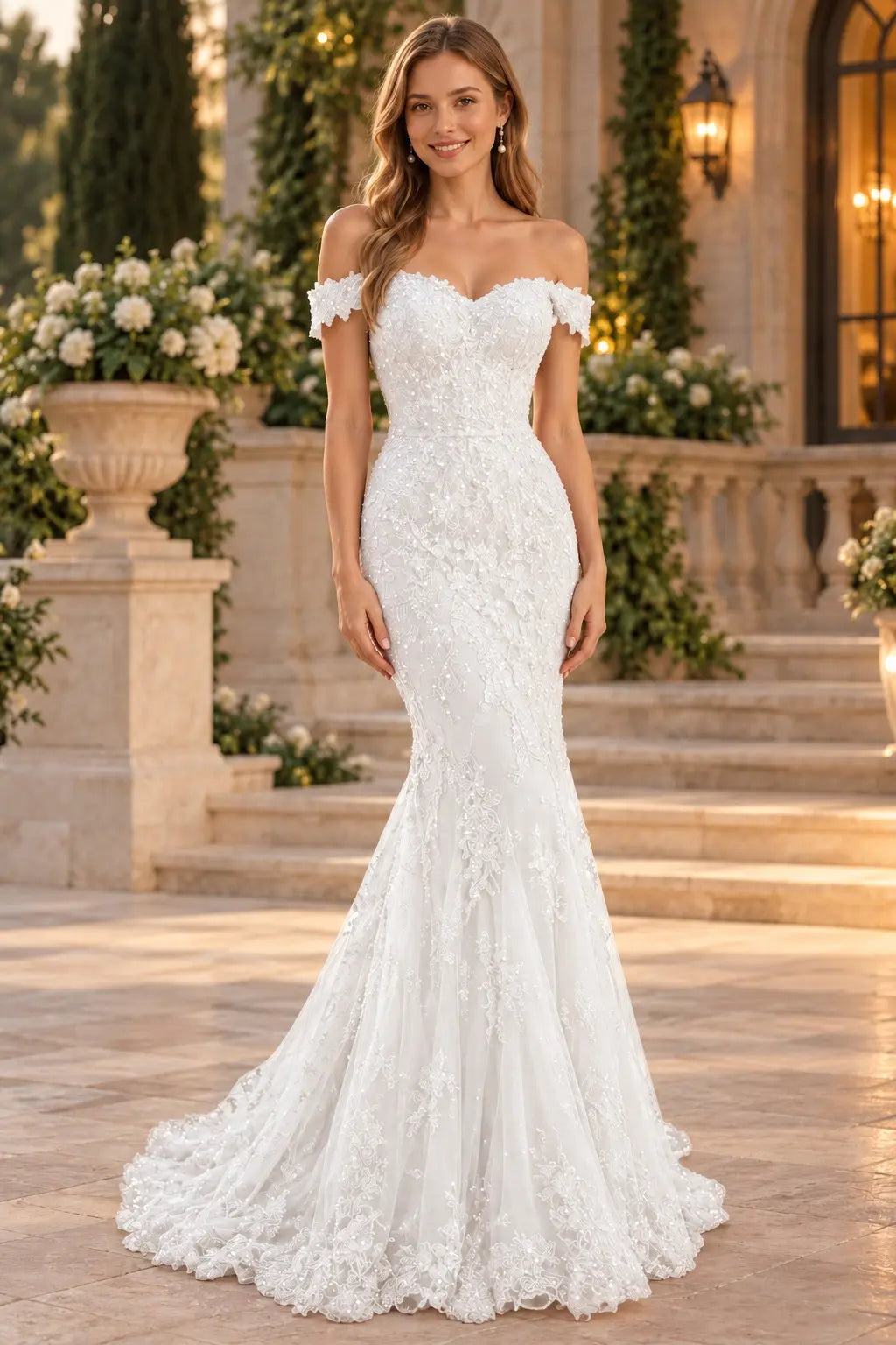 Lace Long/Floor-Length Trumpet/Mermaid Sleeveless Off-The-Shoulder Zipper Prom Dresses With Appliqued Beaded
