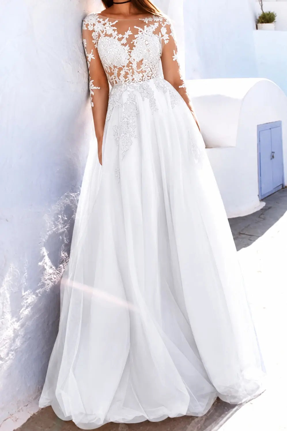 A-Line Scoop Long Sleeves Floor-Length With Applique Tulle Prom Dresses