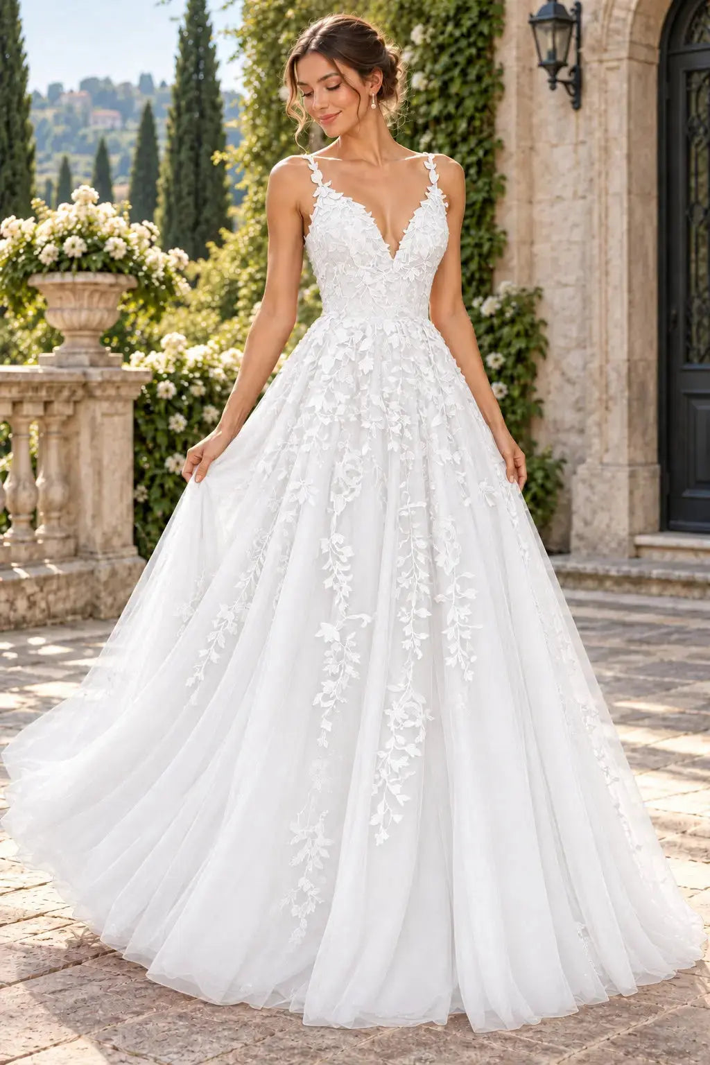 A-Line Lace Prom Dresses Long V Neck Sleeveless Formal Maxi Dress KAIDRESS
