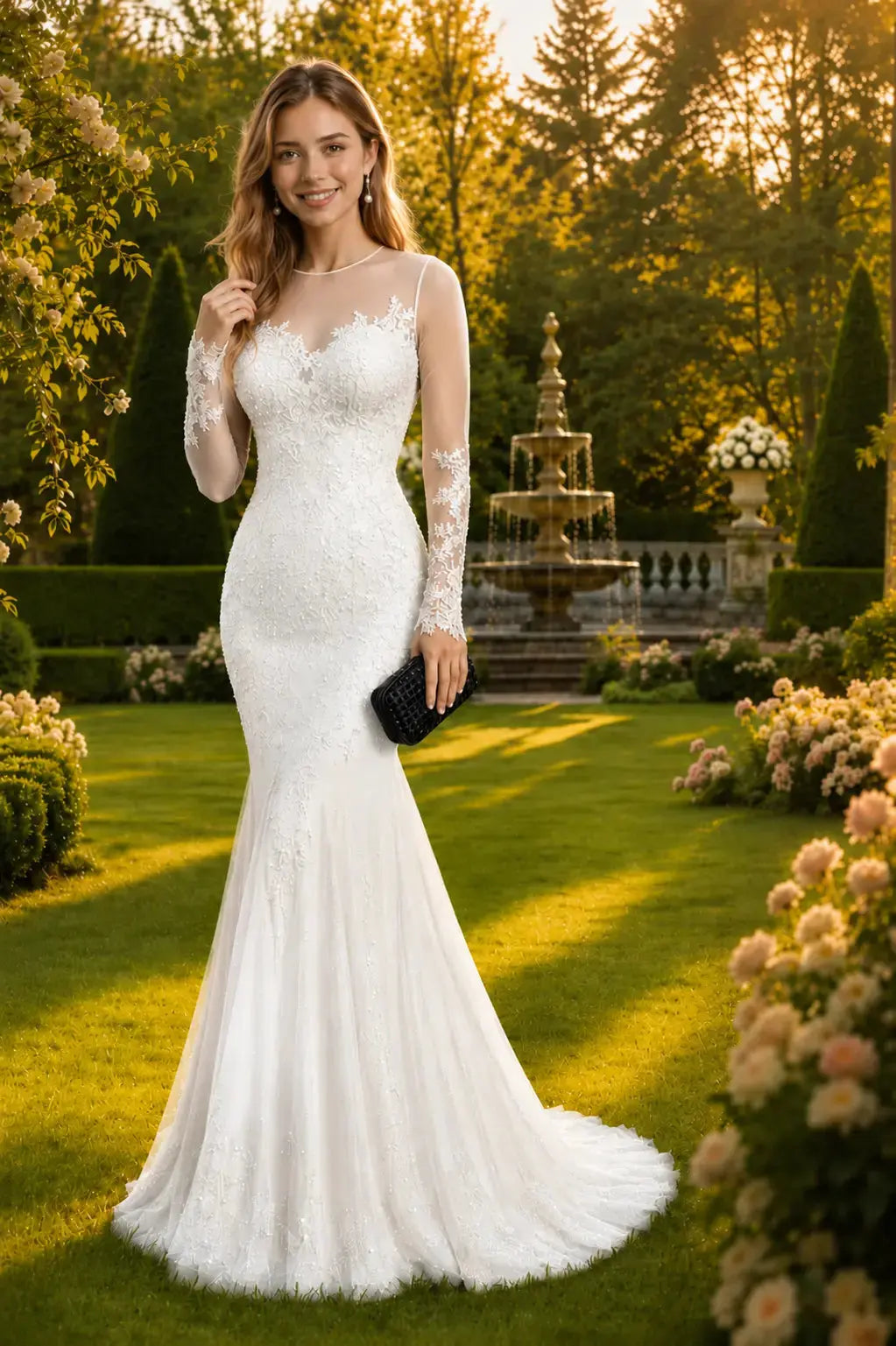 Trumpet/Mermaid Long Sleeves Sheer Neck Sweep/Brush Train Applique Prom Dresses KAIDRESS