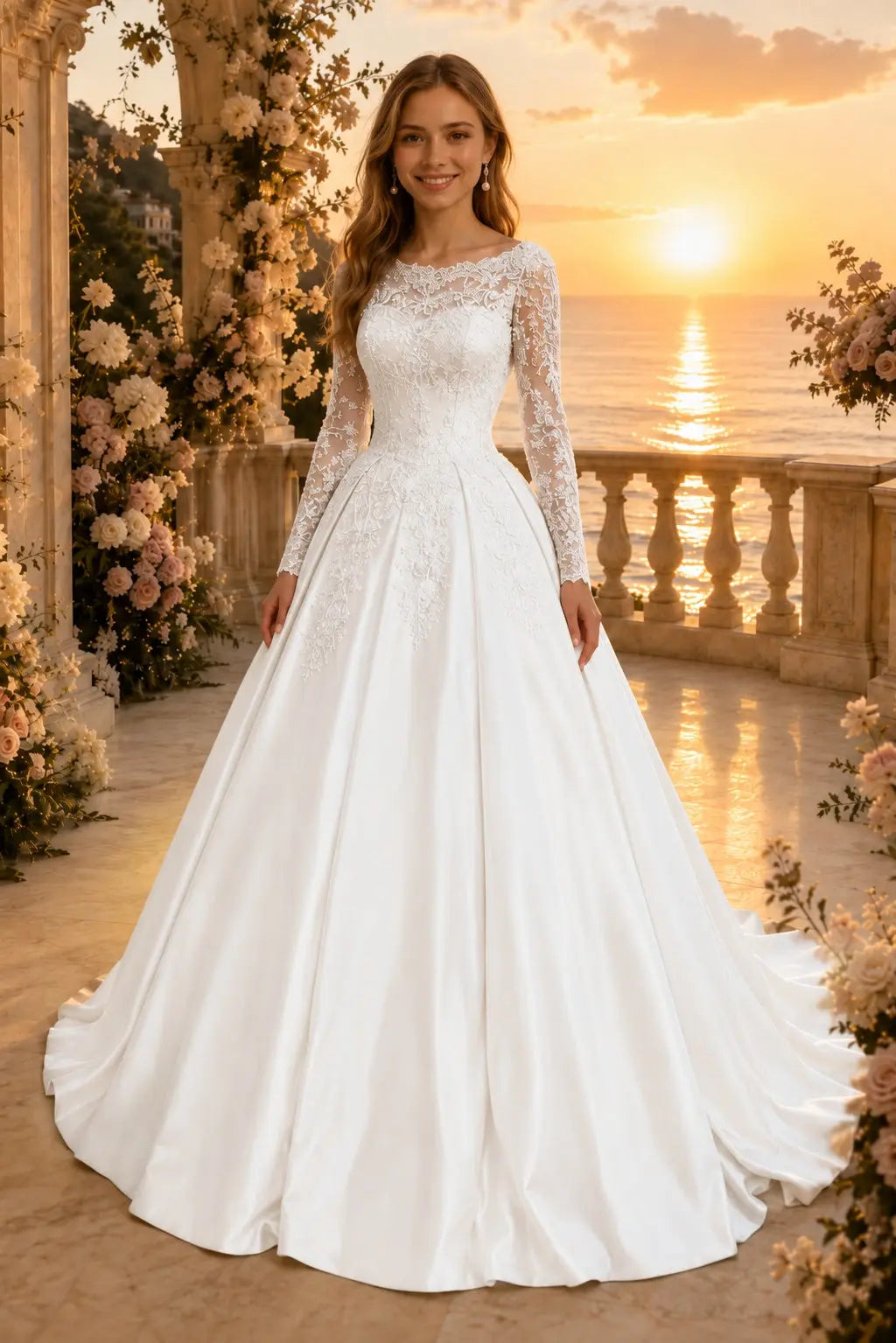 Ball Gown Long Sleeves Off-the-Shoulder Chapel Train Applique Satin Prom Dresses Kaidress