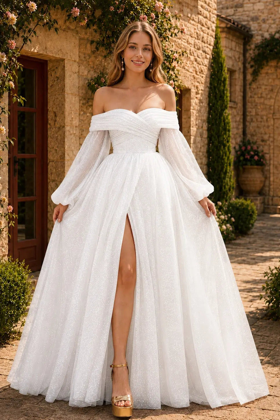 A-Line/Princess Tulle Ruched Long  Off-the-Shoulder Long Sleeves Prom Dresses Detachable Sleeves KAIDRESS