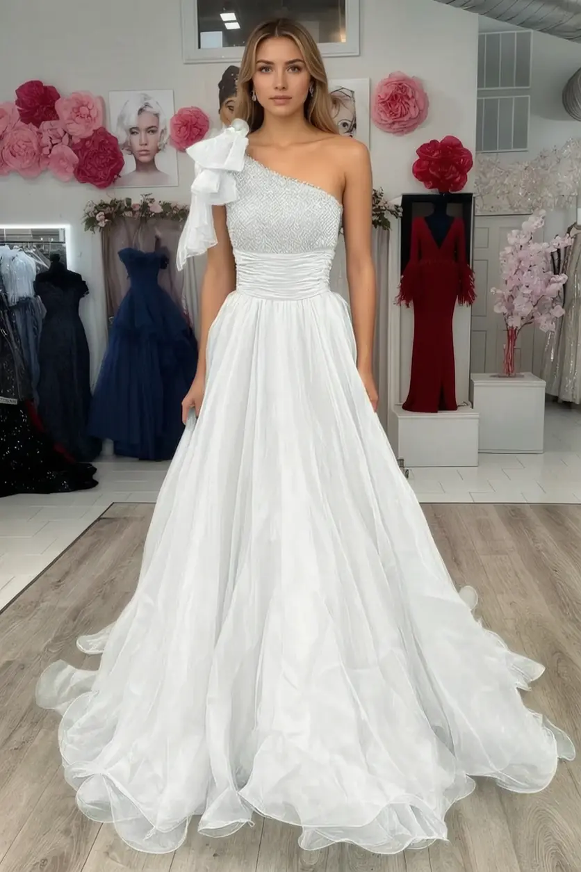A Line Sparkly Sky Blue One Shoulder Long Prom Dress with Beading KAIDRESS