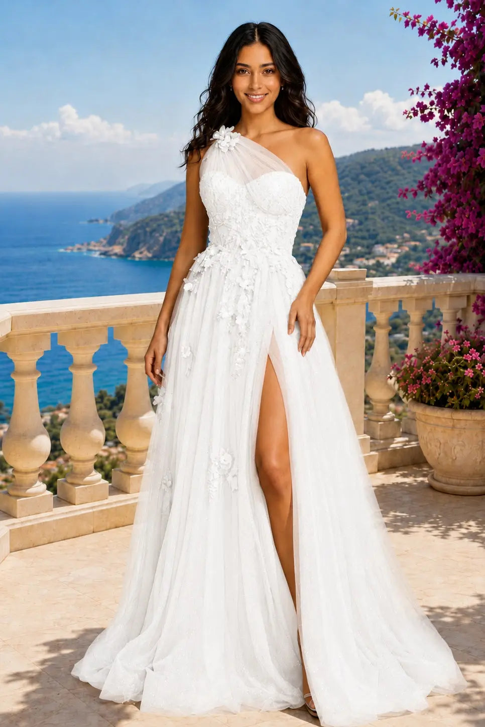 A-line One-Shoulder Sleeveless Long/Floor-Length Tulle Prom Dresses with Appliqued Split KAIDRESS