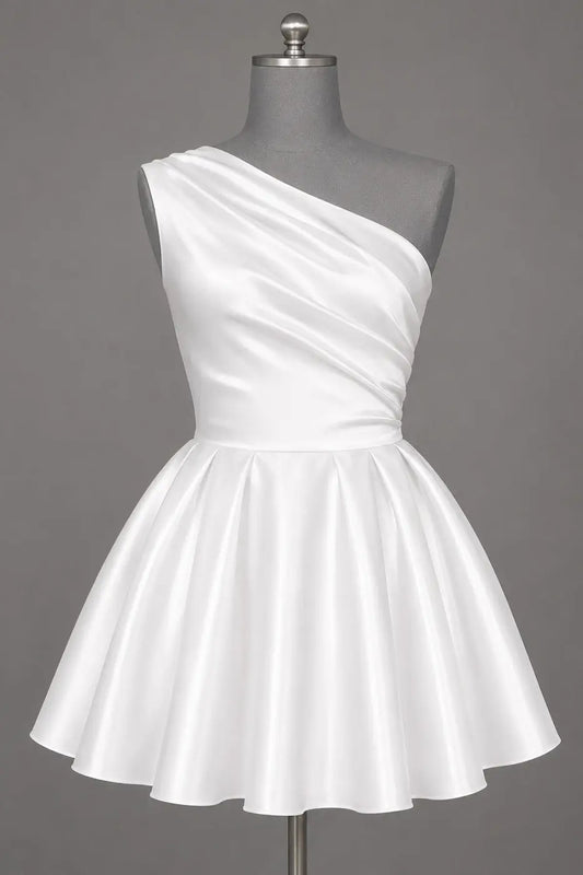 White One Shoulder Satin Mini Homecoming Dress A Line Hoco Dress