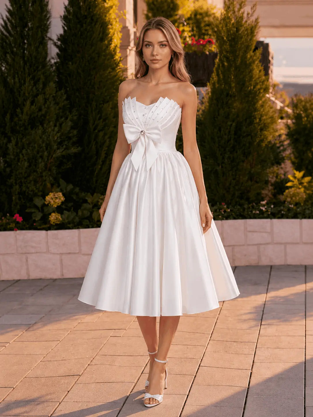 A-line Sweetheart Sleeveless Knee-Length Satin Homecoming Dress with Bow KAIDRESS
