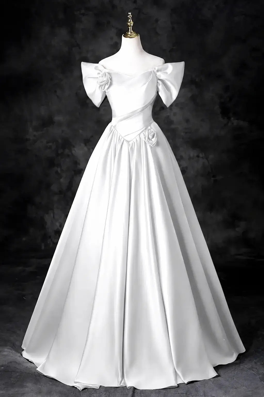 A-Line/Princess Satin Floor Length Formal Prom Dress, Off the Shoulder Prom Gown KAIDRESS