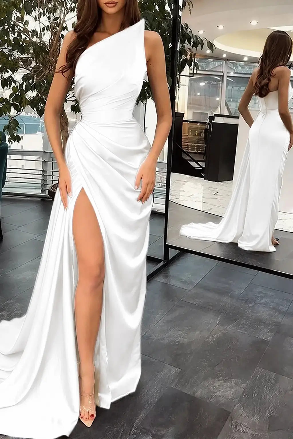 Trumpet/Mermaid Sleeveless Court Train Silk like Satin Prom Dresses with Ruffles Split KAIDRESS