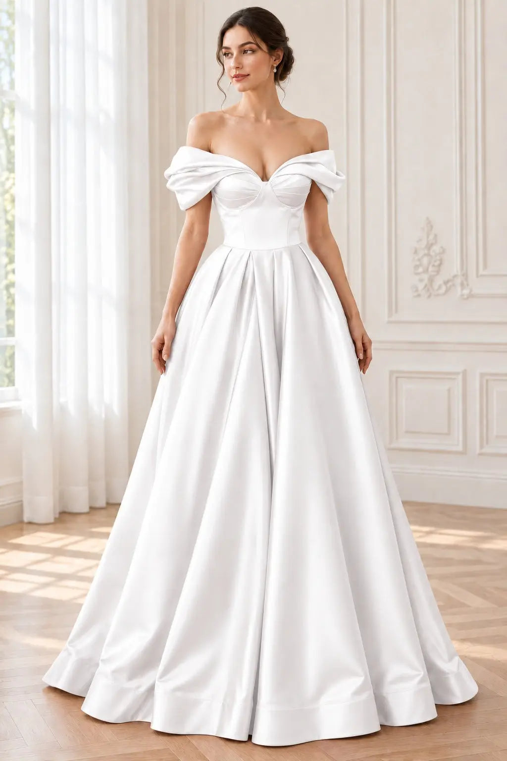 A-line Off-the-Shoulder Short Sleeve Satin Long/Floor-Length Prom Dresses With Ruffles Split
