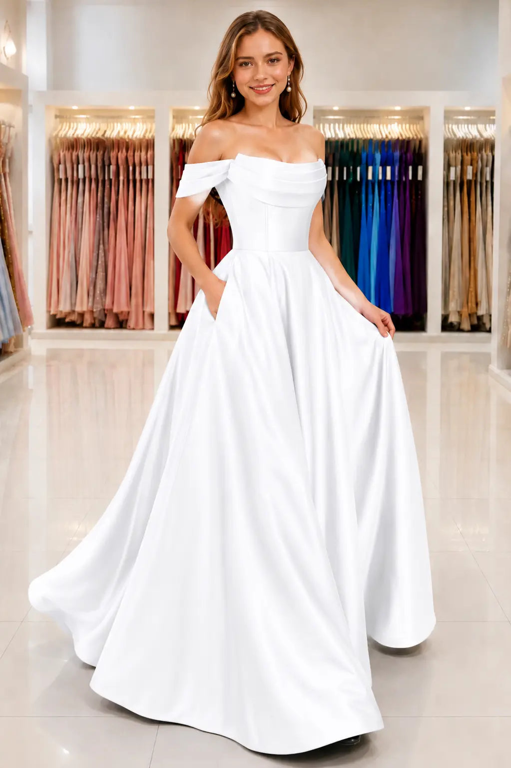 A-Line Satin Long Prom Dress, Simple Off the Shoulder Evening Party Dress With Pockets KAIDRESS