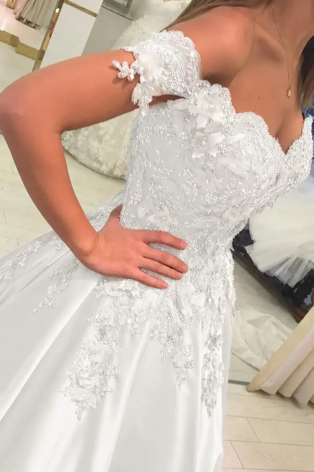Appliqued Off-The-Shoulder Satin Princess Prom Dress With Beads