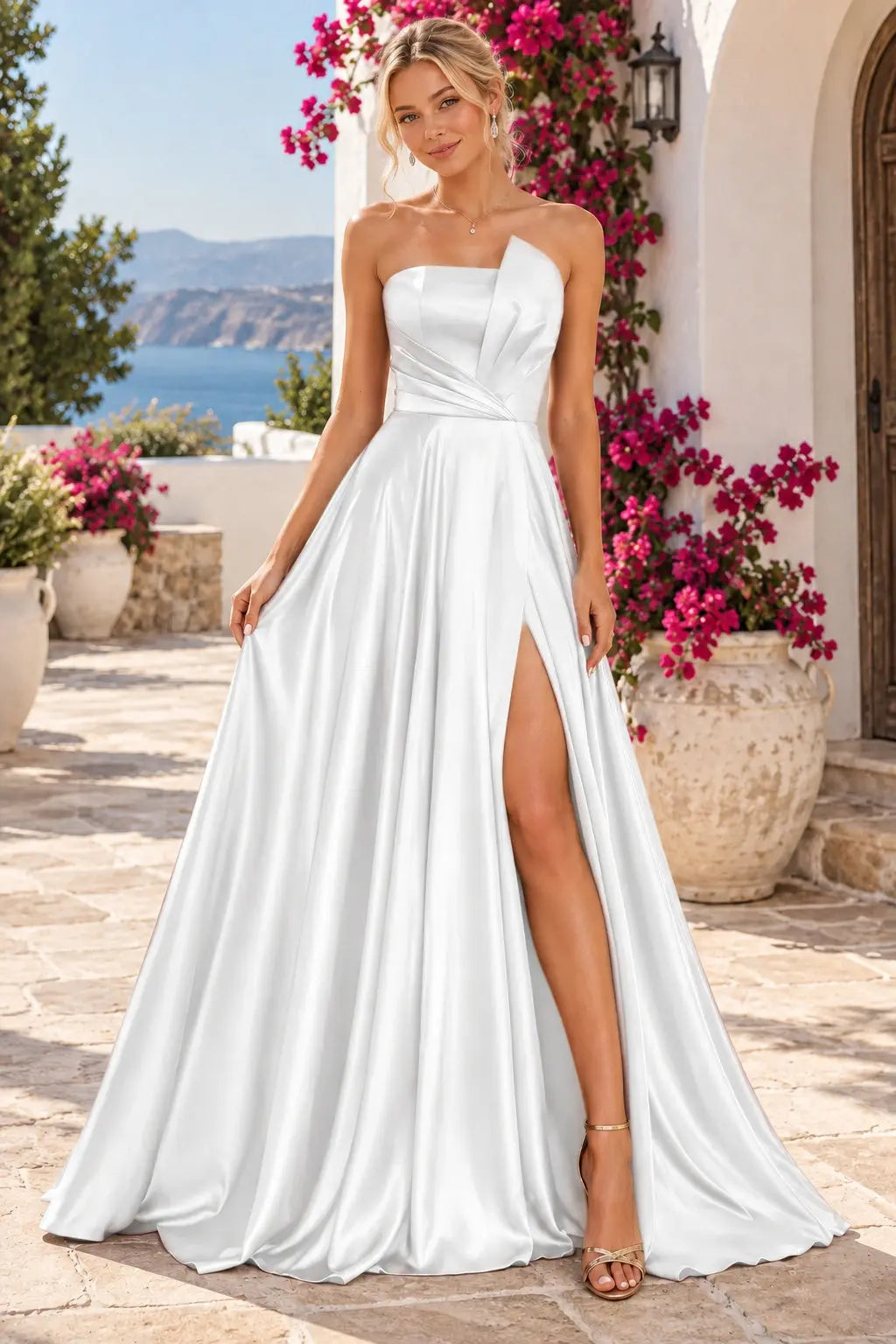 A-line Satin Formal Long Simple Sleeveless Prom Dresses with Slit