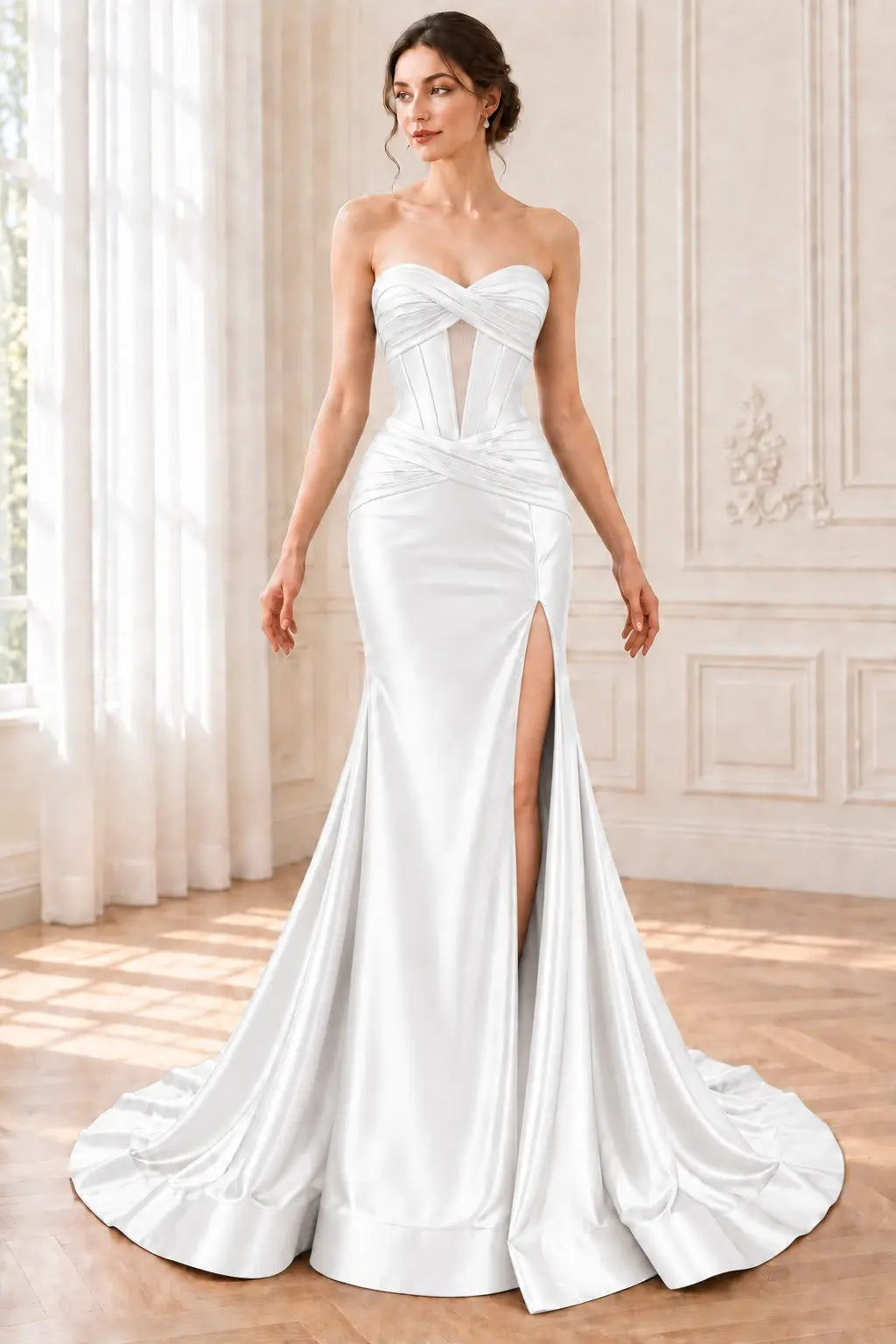 Green Silk Strapless Mermaid Prom Dresses Long Formal Evening Gown with Slit