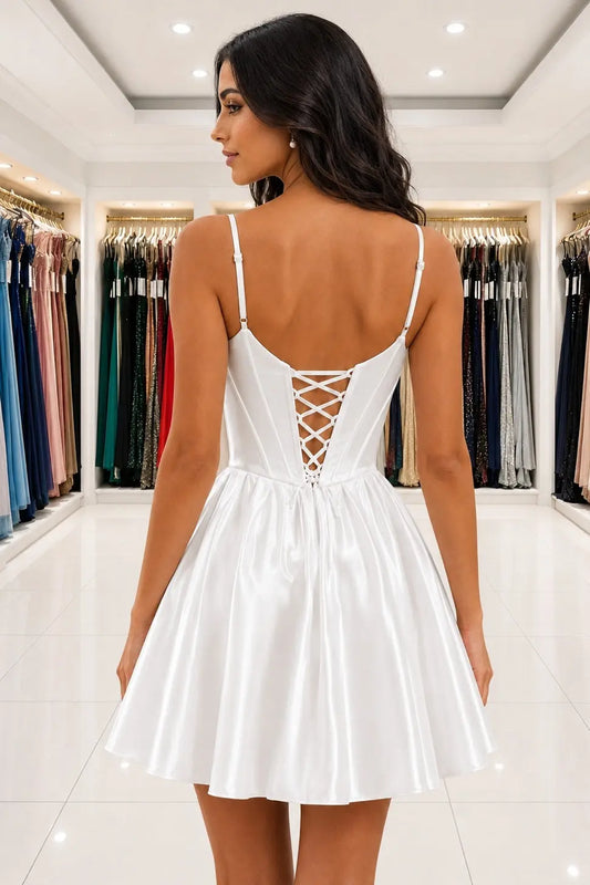White Satin V-Neck Corset A-Line Mini Homecoming Dress With Pockets