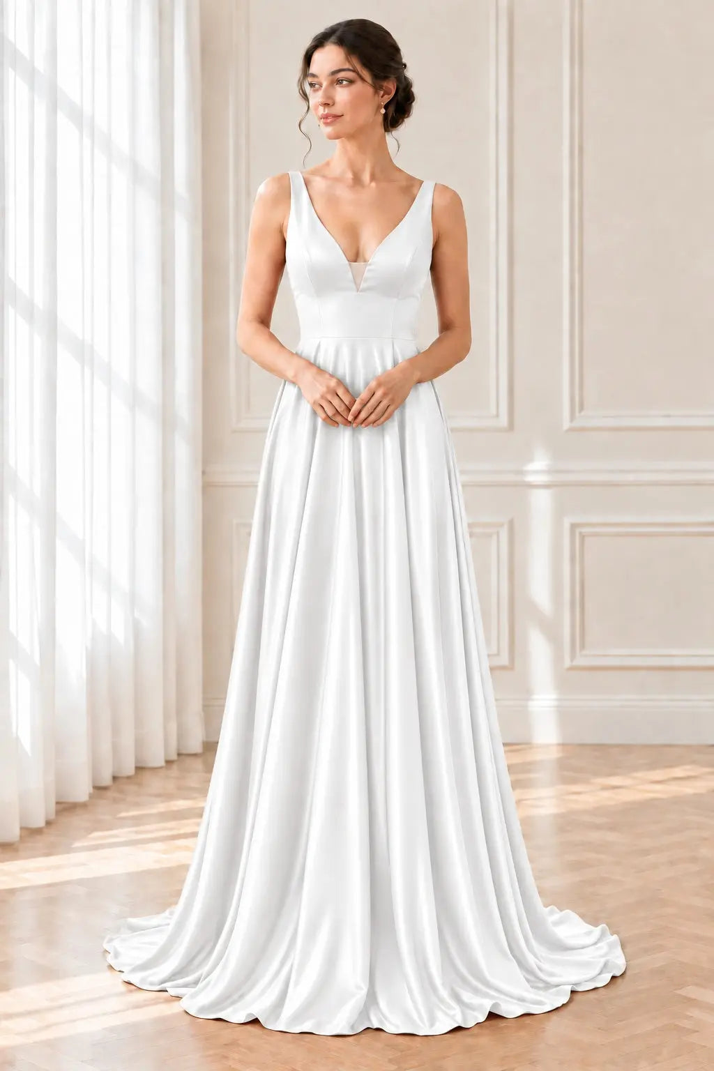 A-line/Princess V Neck Sleeveless Sweep Train Charmeuse Prom Dresses